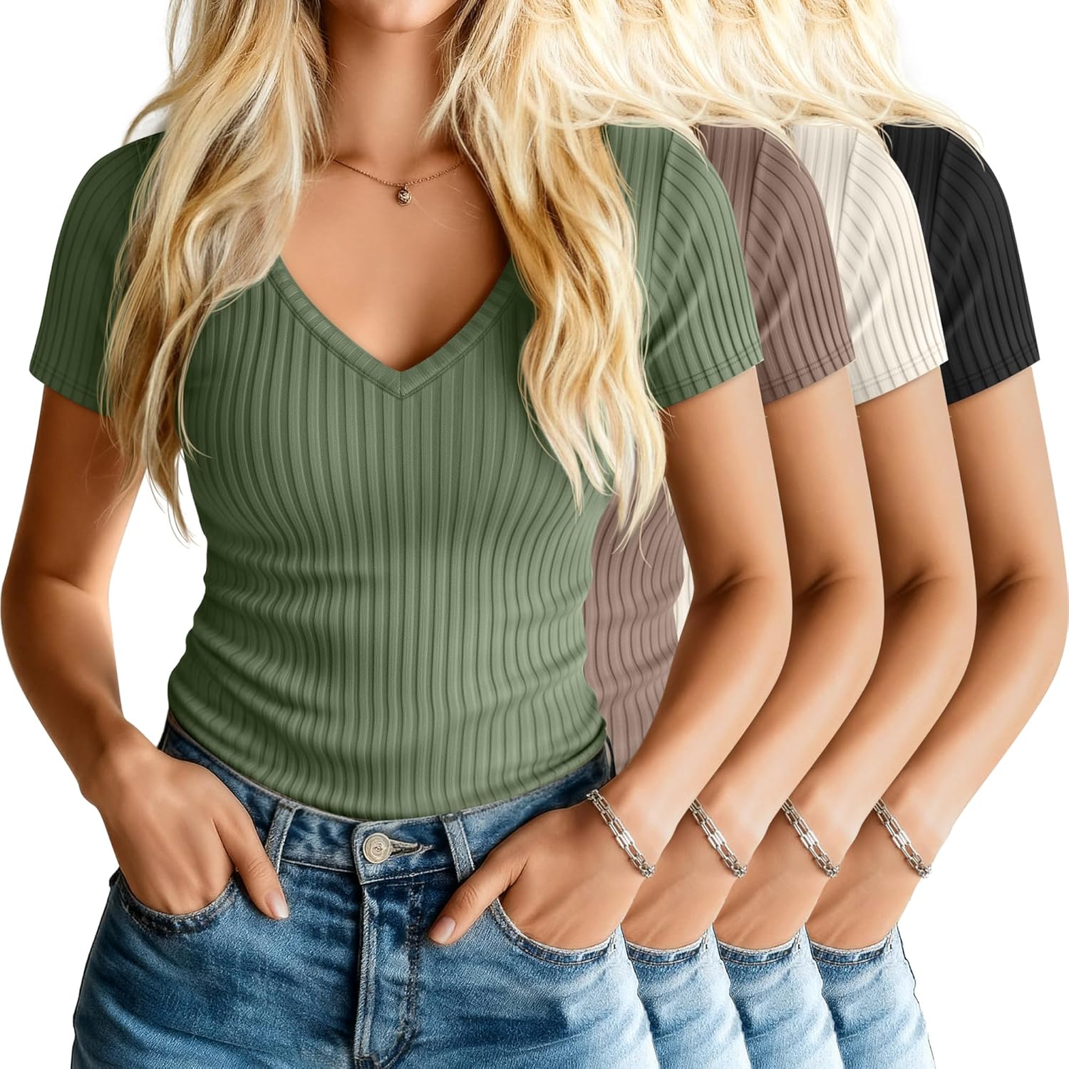 Neer 4 Pack Women's V Neck T-Shirts Cotton Short Sleeve Ribbed Slim Fit Tops Casual Summer Basic Tee Multipack
