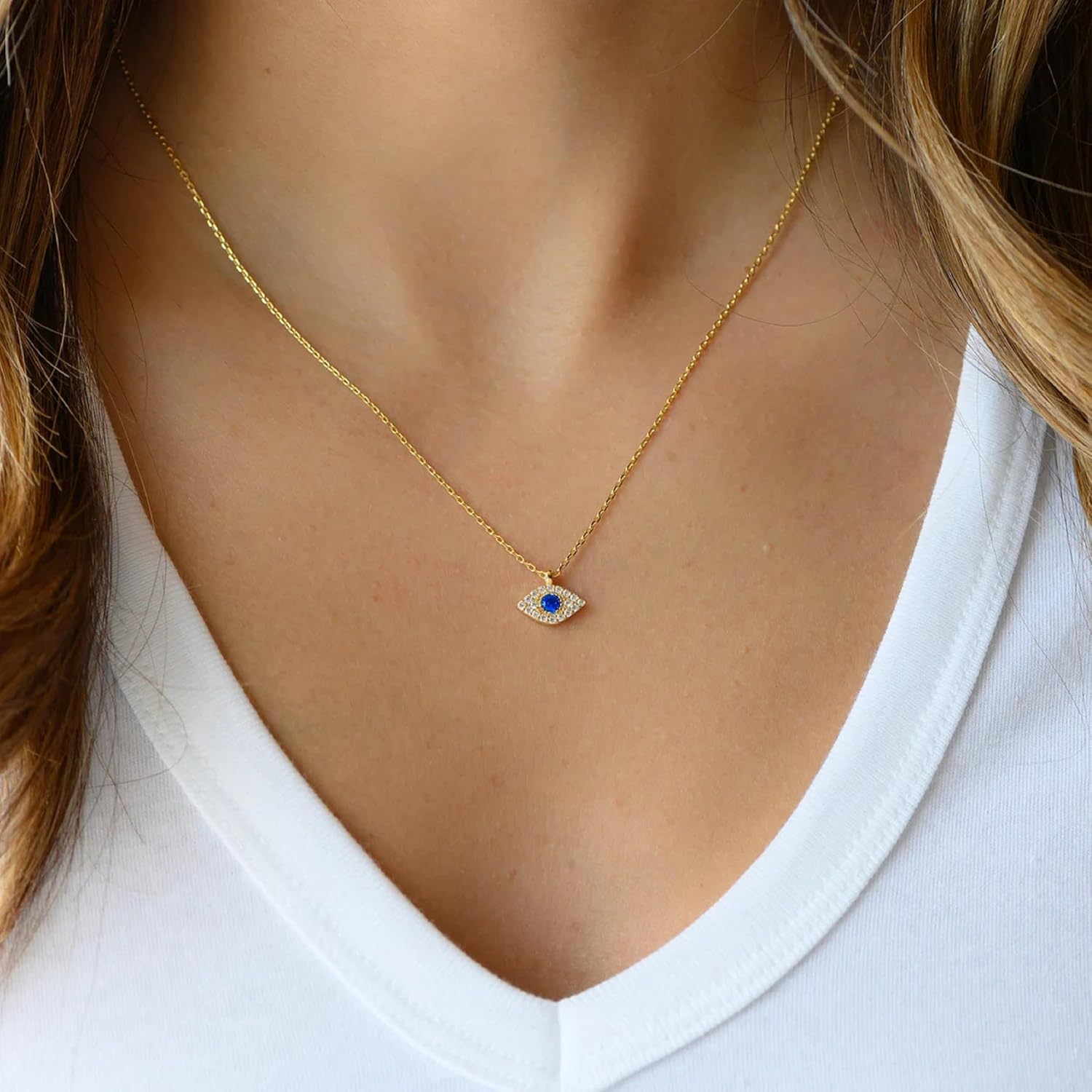 Gold Evil Eye Necklace,14K Gold Plated Dainty Solitaire Minimalist Diamond Evil Eye Simple Necklace For Women Gold Jewelry Gifts - Image 2