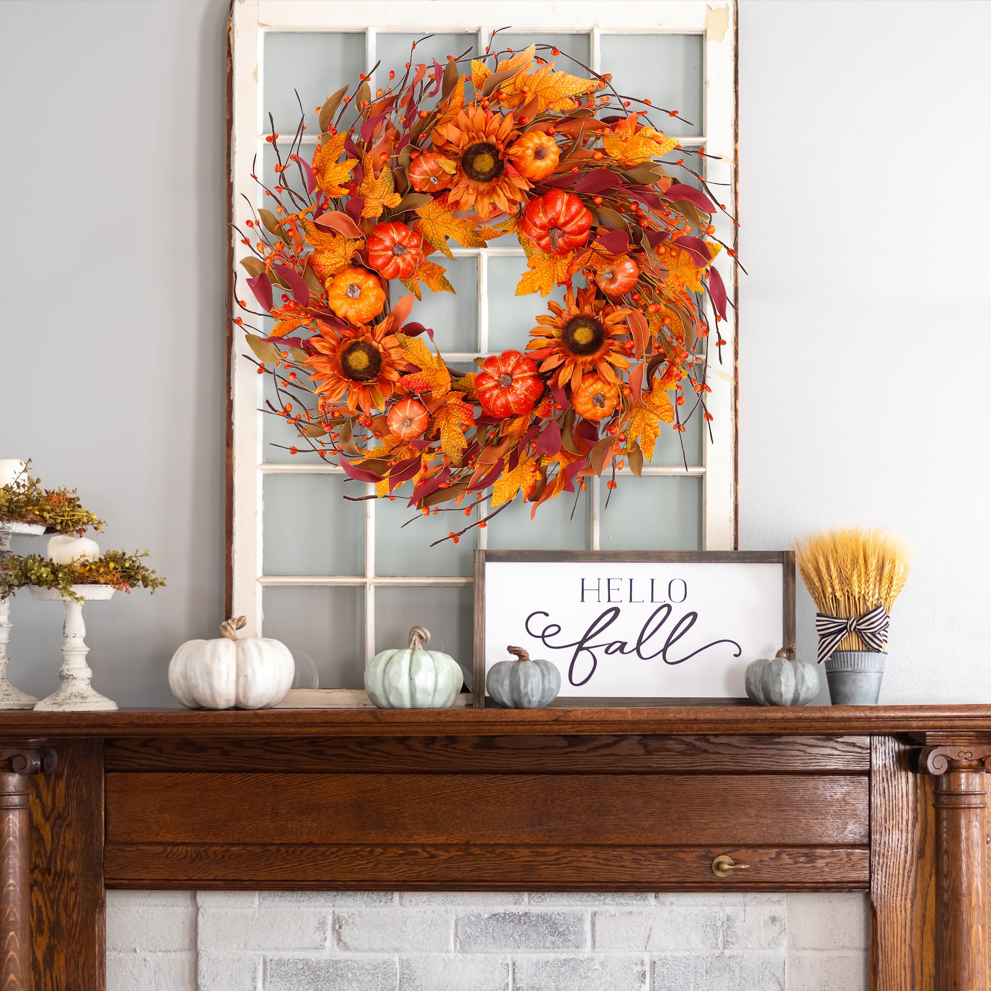 Ghirlanda Autunnale Con Zucca E Girasole – Diametro 55 Cm, Per Porta, Parete, Finestra, Decorazione Ringraziamento