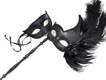MASQ Masquerade ball stick mask Pair Detachable Handle Ostrich Feather Christmas New Year Mardi Gras Carnival Party