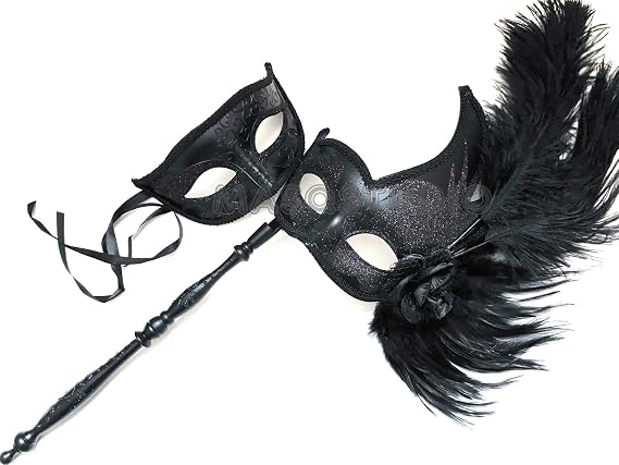 MASQ Masquerade ball stick mask Pair Detachable Handle Ostrich Feather Christmas New Year Mardi Gras Carnival Party