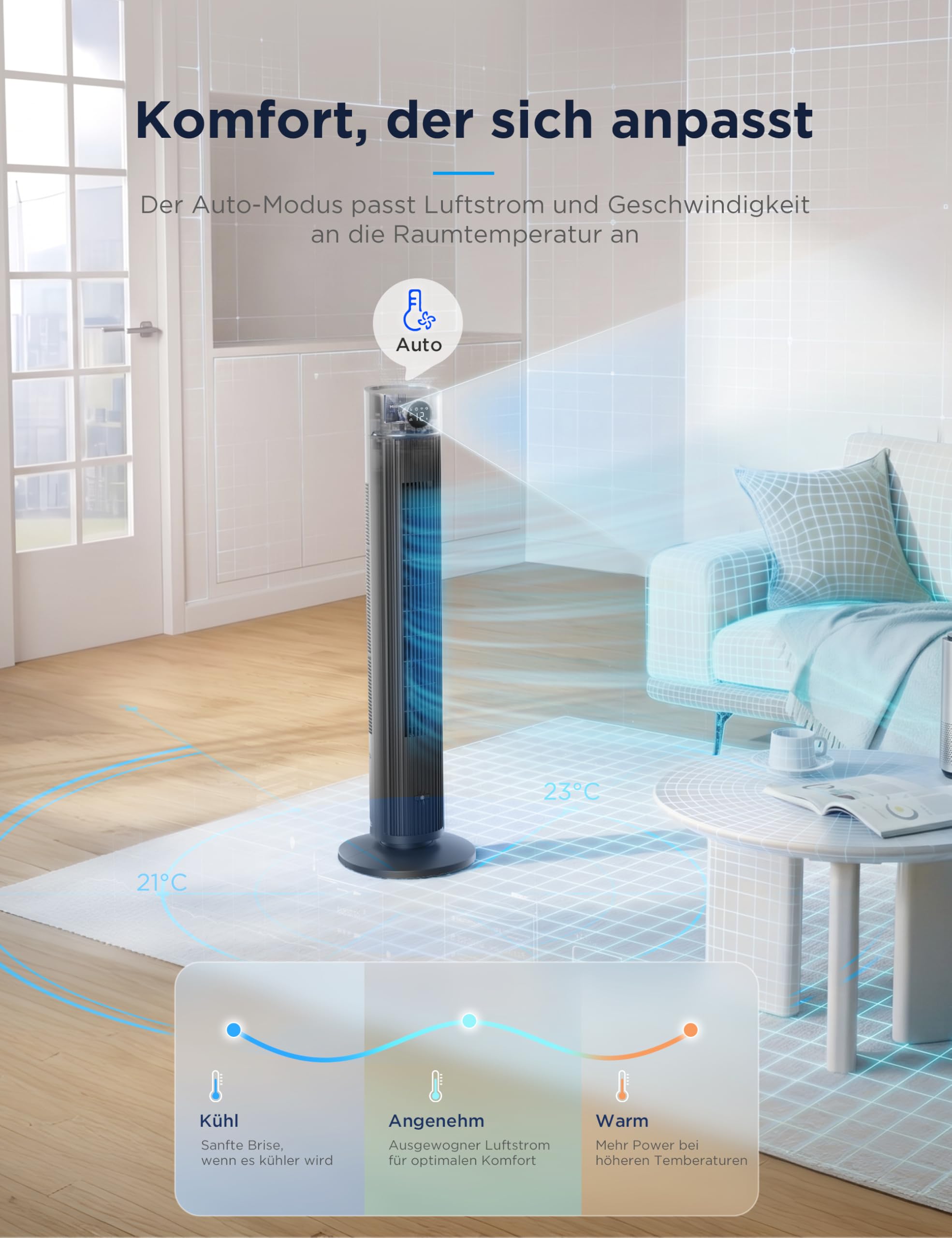 Midea FZ10-26ARDW Smart Turmventilator, 19 dB flüsterleise, DC-Motor, 4 Modi & 12 Stufen, 24h Timer, App-Steuerung, Schwarz, 105cm