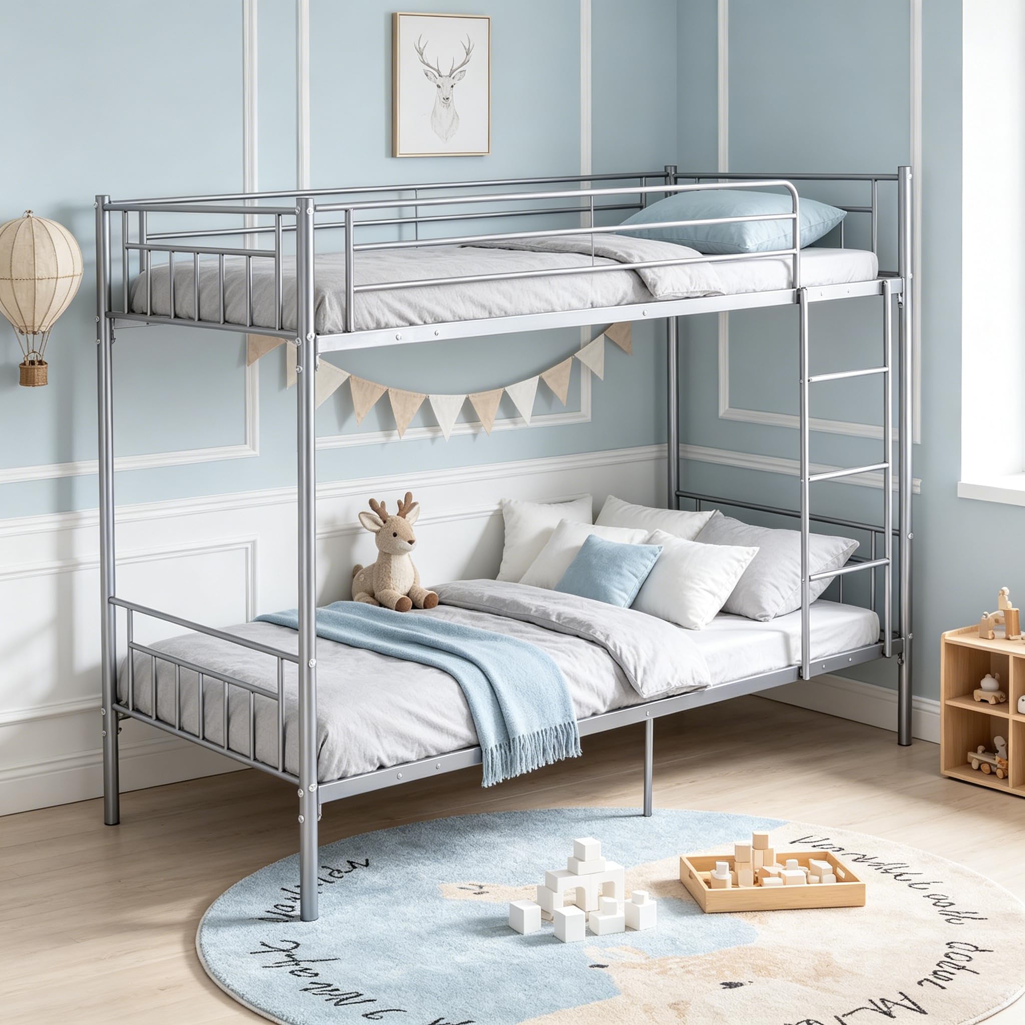 Panana Metal Single Bunk Beds Siblings Twins Bedroom Furniture with Mattress Option (Silver Bed Only)