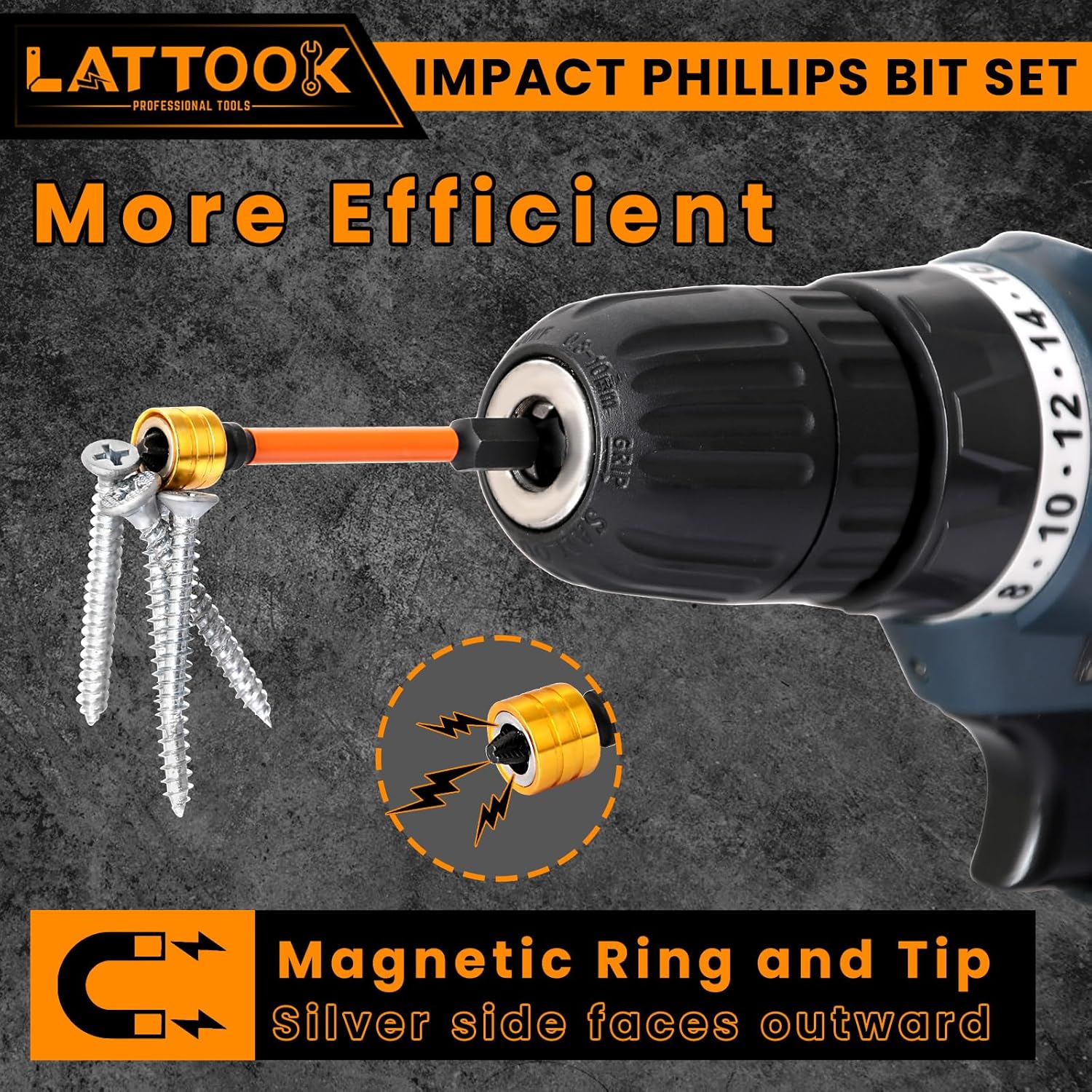 Impact Phillips Bit Set, LATTOOK 5-Pieces Anti Slip PH2 Bit Set, S2 Steel #2 Phillips Screwdriver Bit Set with Magnetic Ring, 3'' Long