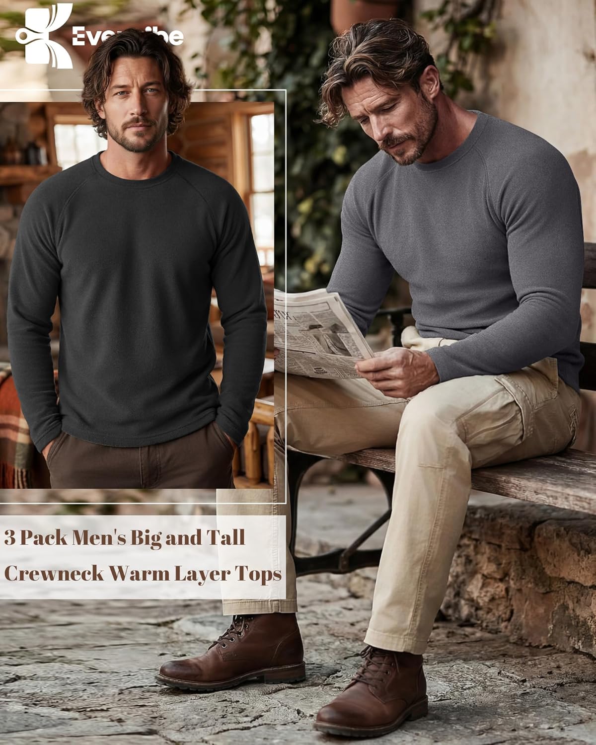 3 Pack Men's Big and Tall Thermal Shirts, Long Sleeve Fleece Crewneck Warm Layer Tops Casual Raglan Sleeve Basic Tee - Image 4