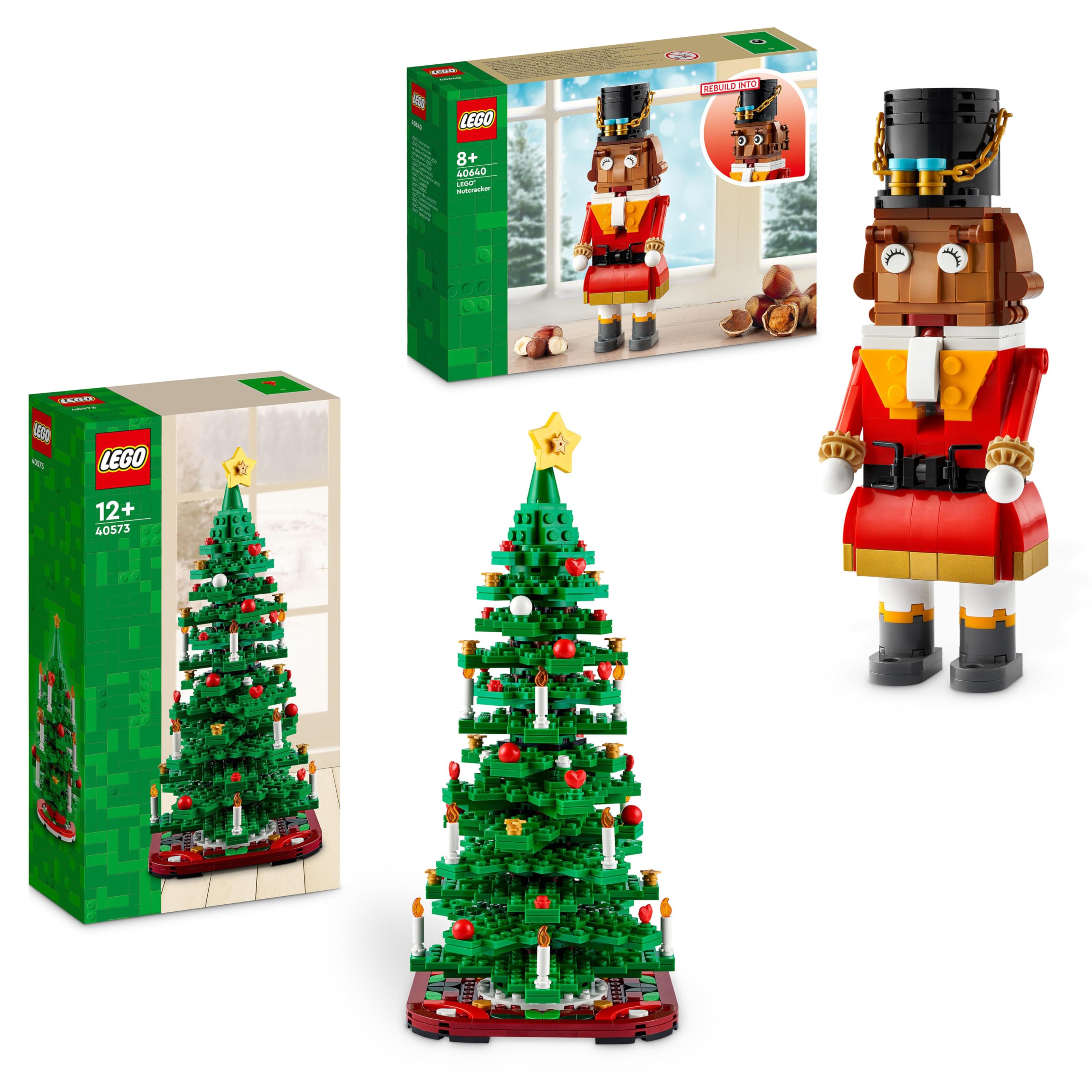 LEGO Albero di Natale + Schiaccianoci Set di giocattoli da costruzione festivi, riempitivo per calze o decorazioni natalizie, attività di artigianato familiare, idea regalo 40573 + 40640