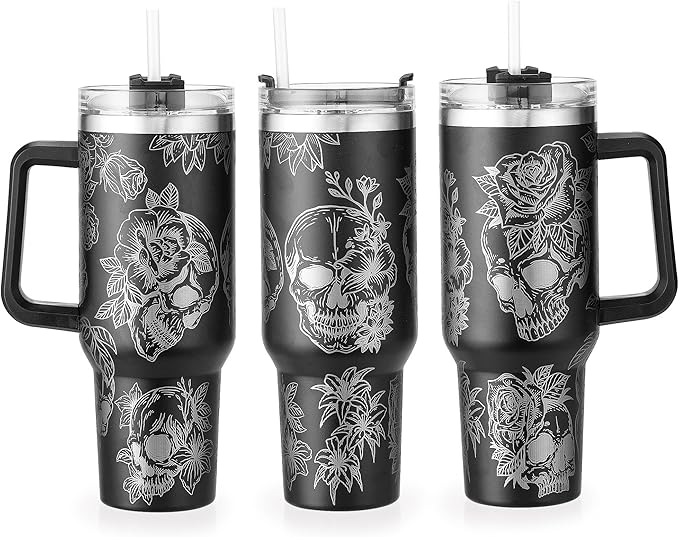 40oz Skull Flower Tumbler With Lid and Straw, 40oz Tumbler Wrap, Stainless Steel Insulated Tumbler for Water, Iced Tea or Coffee - Unique Gift