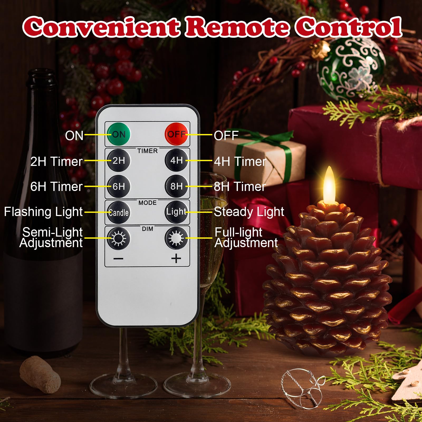 Honoson 6 candele LED senza fiamma a forma di pigna, con timer, funzionamento a batteria, stoppino tremolante, candele natalizie a forma di pigna, per decorazione di interni e festività, marroni