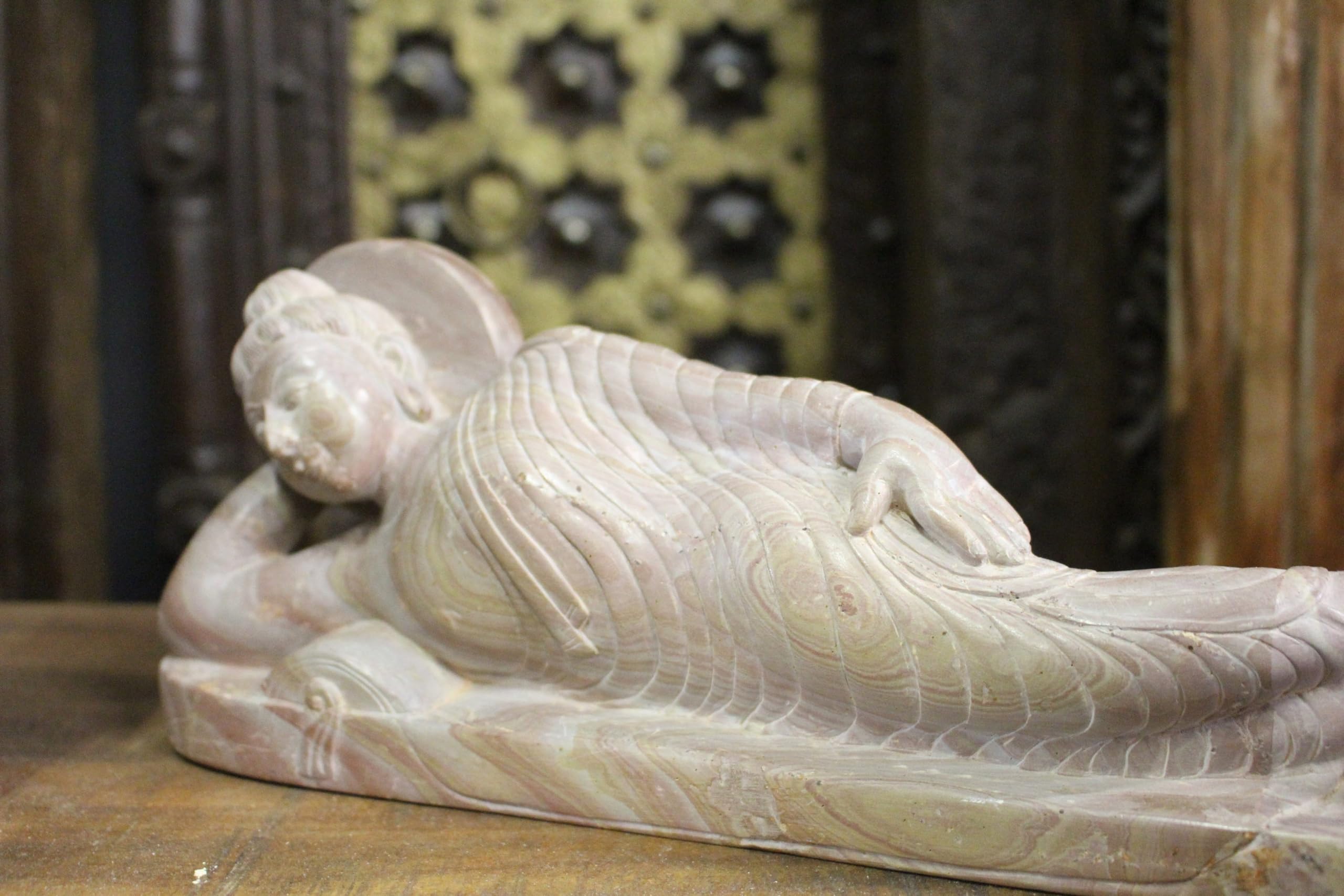 Mogul Interior Mahanirvana, Parinirvana Buddha Statue, Pink Stone HANDCARVED Statue Yoga