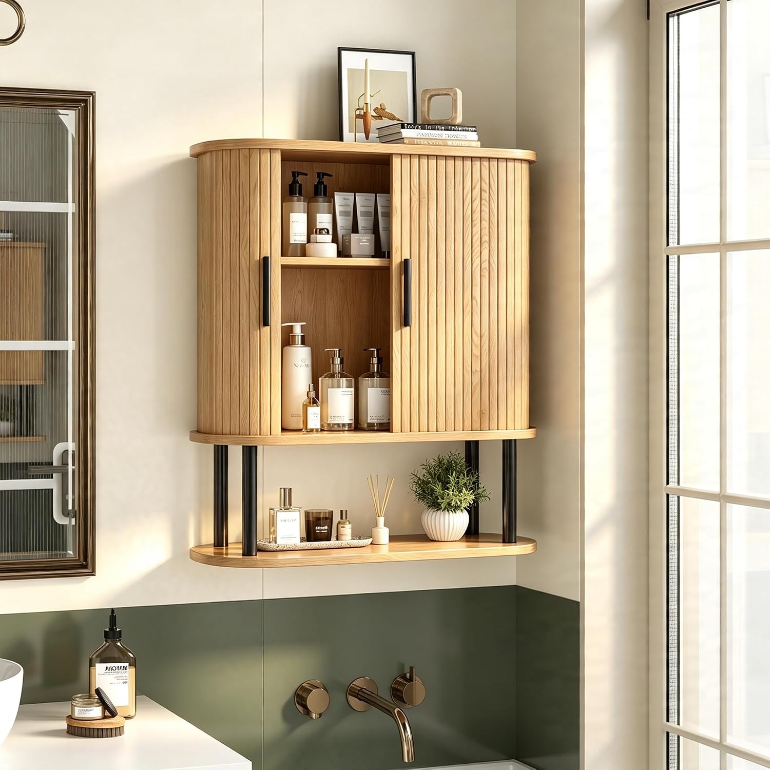 Fluted Bathroom Wall Cabinet with Tambour Sliding Door, Natural
