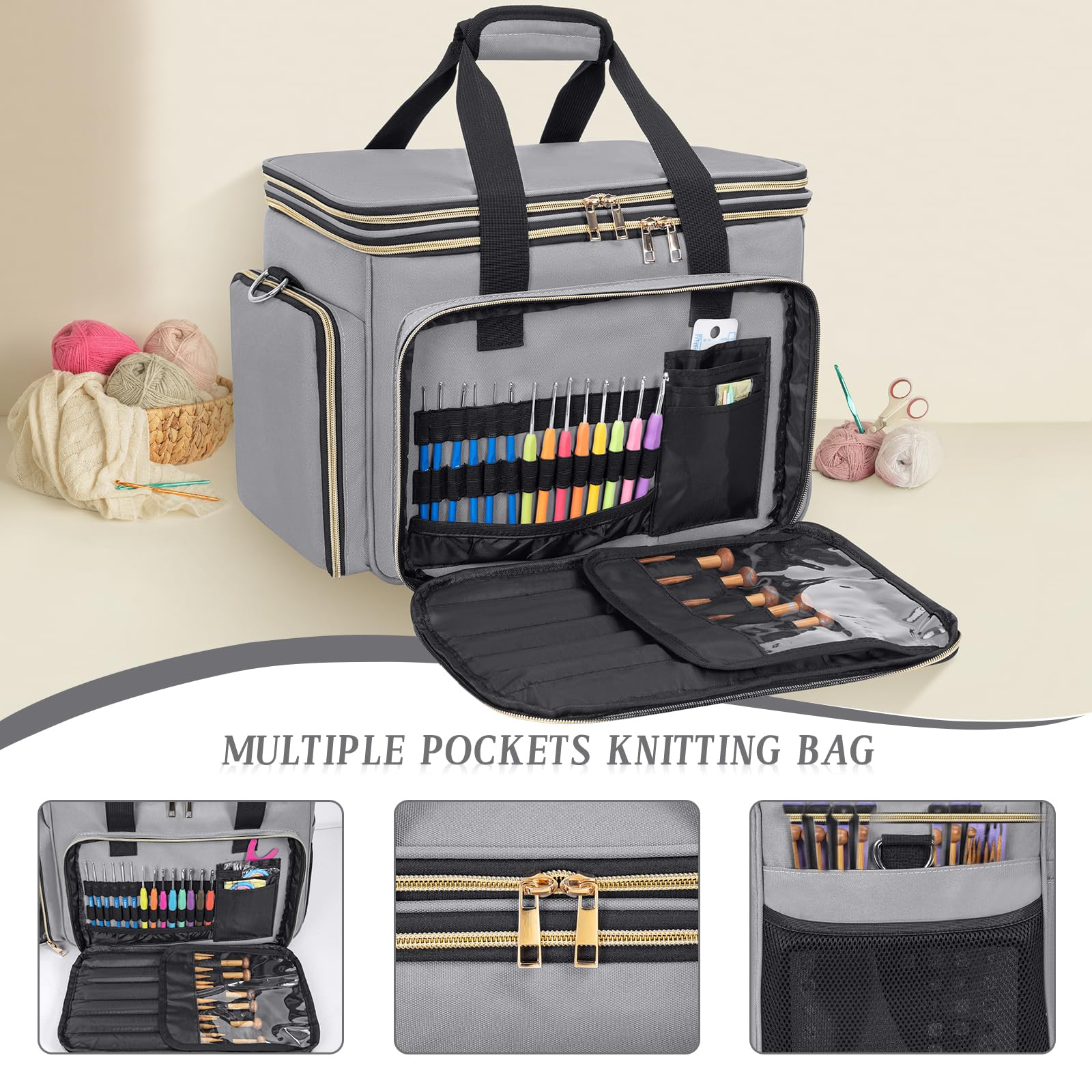 Stricktasche Garnaufbewahrungstasche, große Häkel-Organizer-Tasche, Garnhalter für Stricknadeln, Strickprojekt-Tasche mit Inneneinteilung für Häkelnadeln, Strickzubehör, Grau