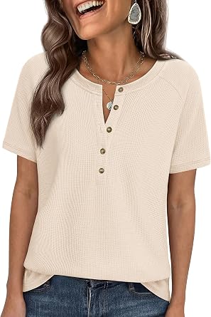 PRETTYGARDEN Womens Short Sleeve Waffle Knit Henley Shirts | Button Down Raglan Top, Loose Fitting Tunic Blouse, Spring Basic Tee, Dressy Casual Summer Clothes for Office & Going Out