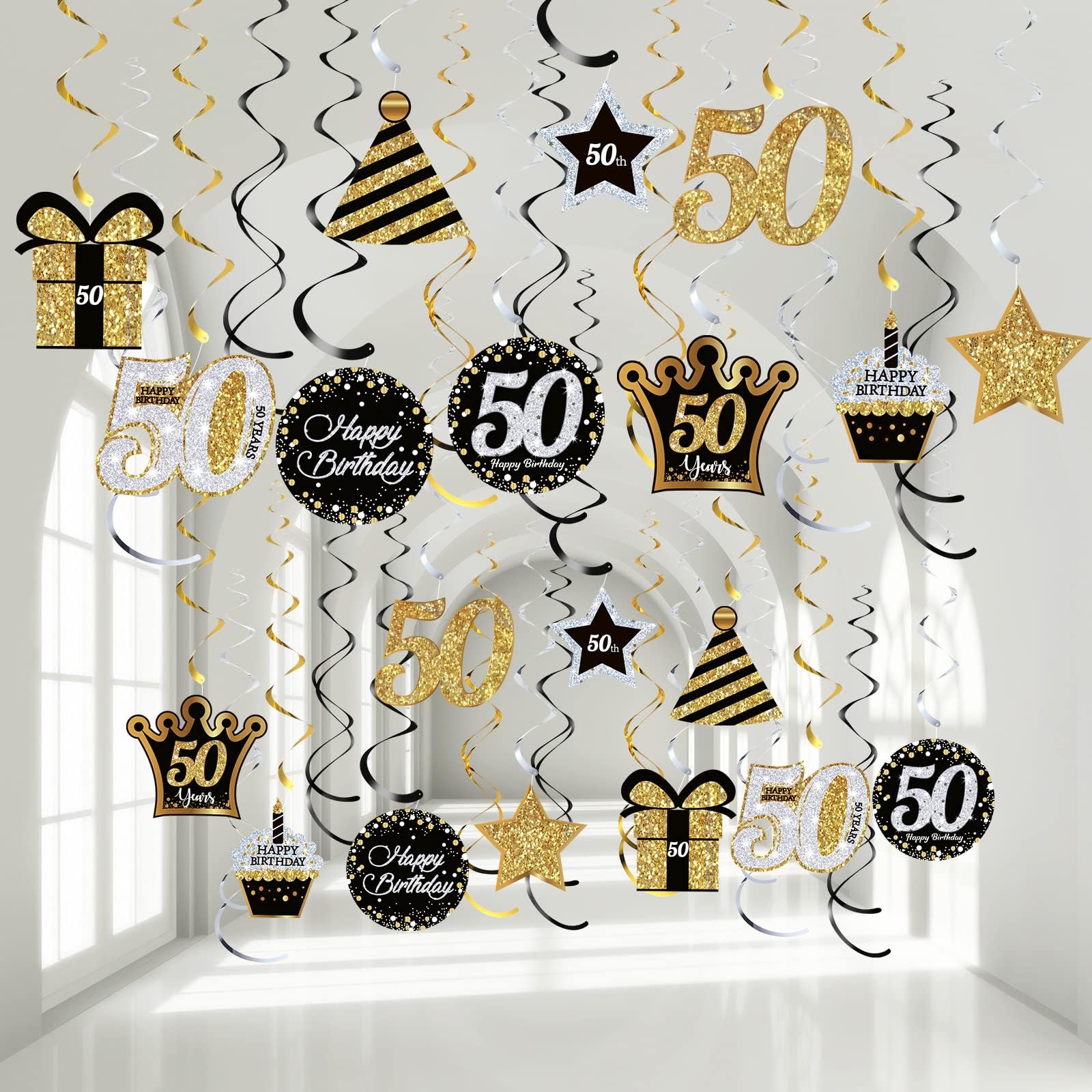 Blulu 50th Birthday Party Foil Hanging Swirls Decorations Ceiling Glitter Celebration 50th Hanging Swirls Cutouts Ornaments for Men Women 50 Years Old Party Supplies, 30 Pcs