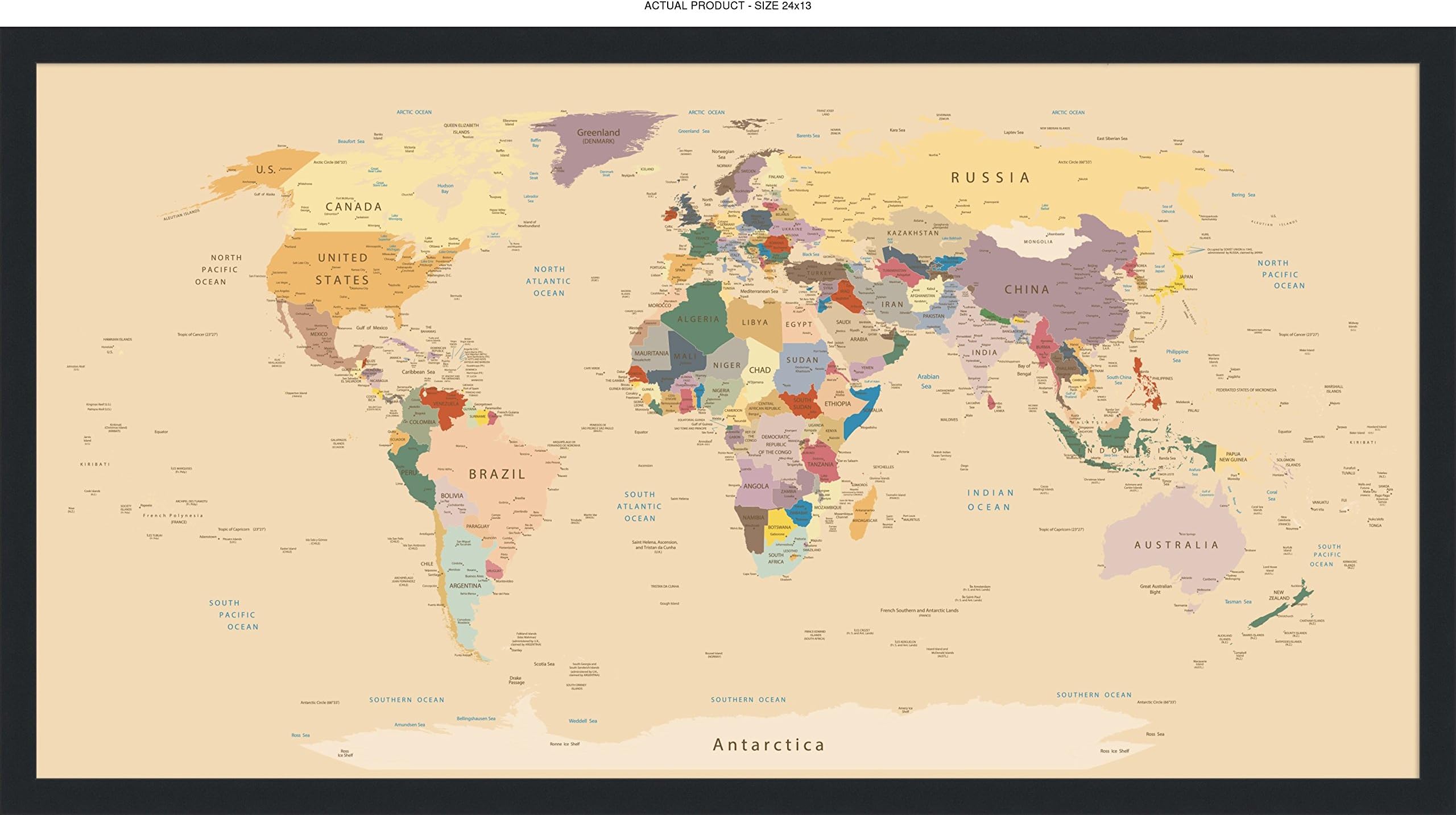 24x13 Inch 3D Wall Sticker Decal Mural Vintage Style World Map with Faux Black Frame - Peel and Stick - Made from Tear-Proof, Easy-to-Clean, Durable Bubble Free Material