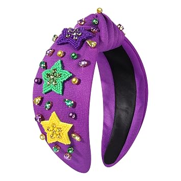 MOLOCH Mardi Gras Headband for Women Beaded Purple Yellow Green Stars Knotted Headband Carnival Jeweled Crystal Top Knot Hairband Fat Tuesday Hair Accessories Gifts