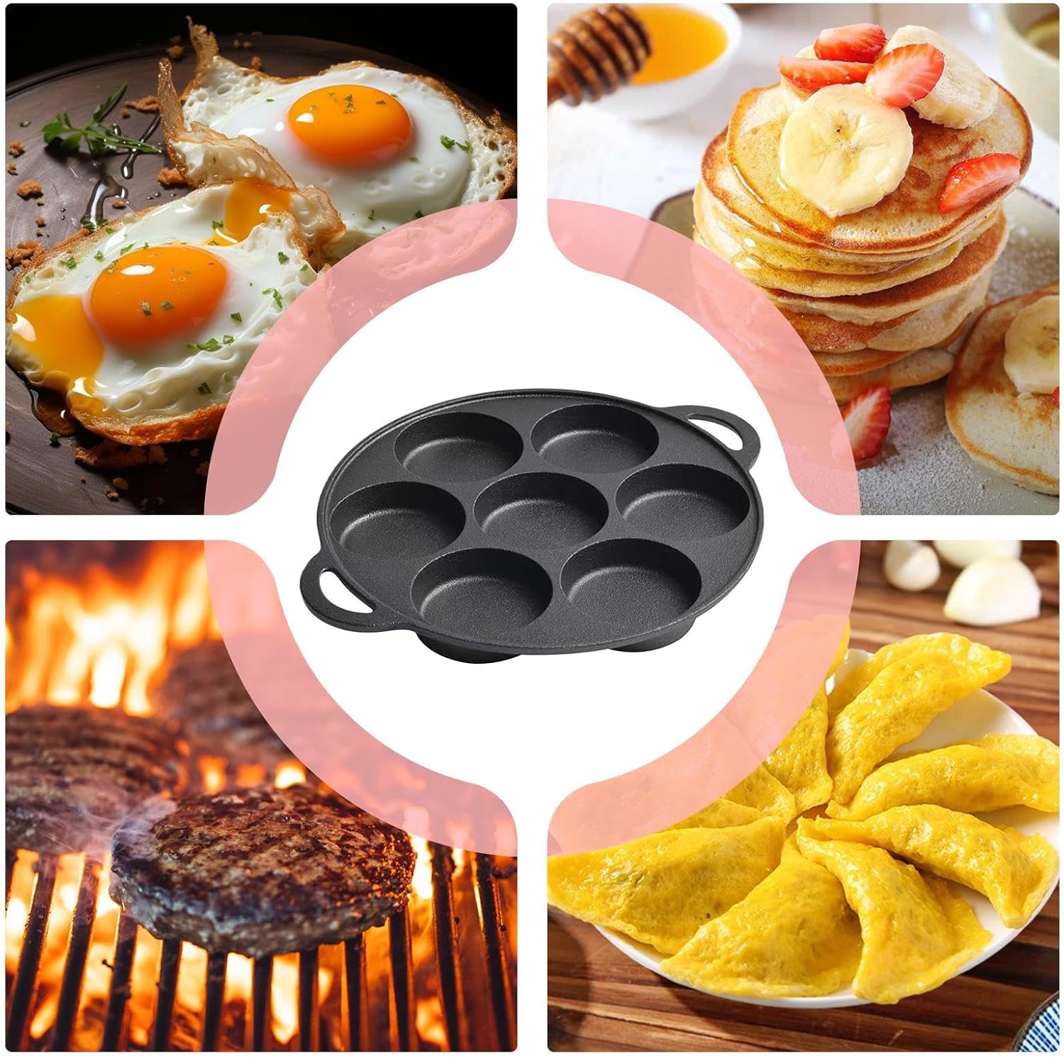 Cast Iron Egg Pan - Mini Pancake Pan 7-Hole, Cast Iron Muffin Pans | Cooking Tool For Breakfast Crepe Steak Pizza Baking Grilling Frying Stove Campfire Camping Outdoor BBQ | Supports Induction
