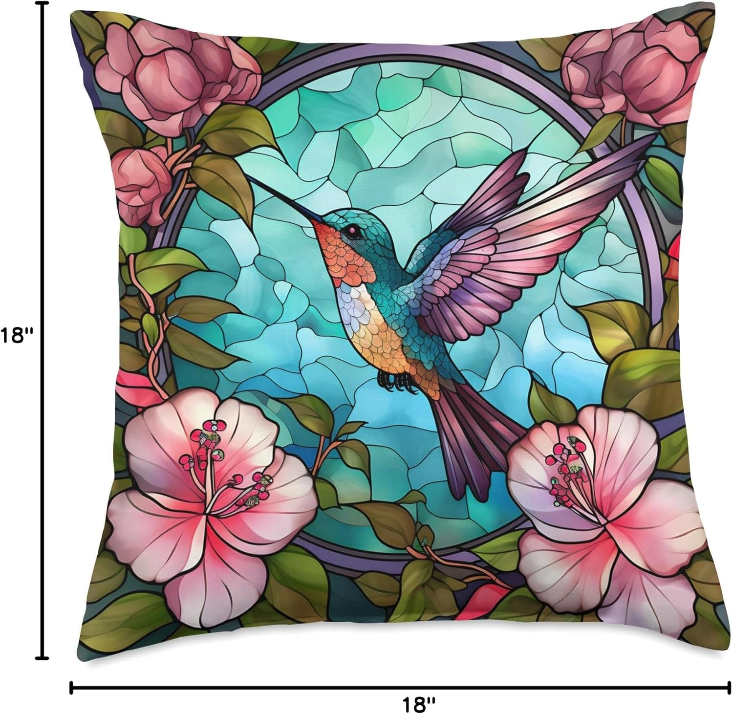 Cute Stained Glass Hummingbird Decor Floral Hibiscus Flower Throw Pillow
