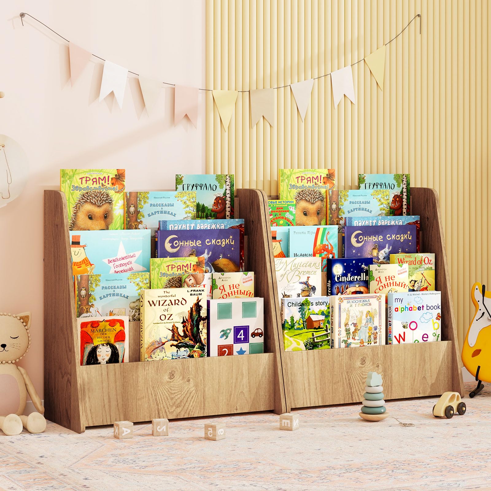 COSTWAY Bibliothèque Enfant en Bois à 4 Niveaux de Compartiments Ouverts, Étagère à Livres avec Patins Antidérapants, Meuble Rangement Jouet Montessori pour Bureau Chambre d’Enfant, 57,5x26,5x59cm