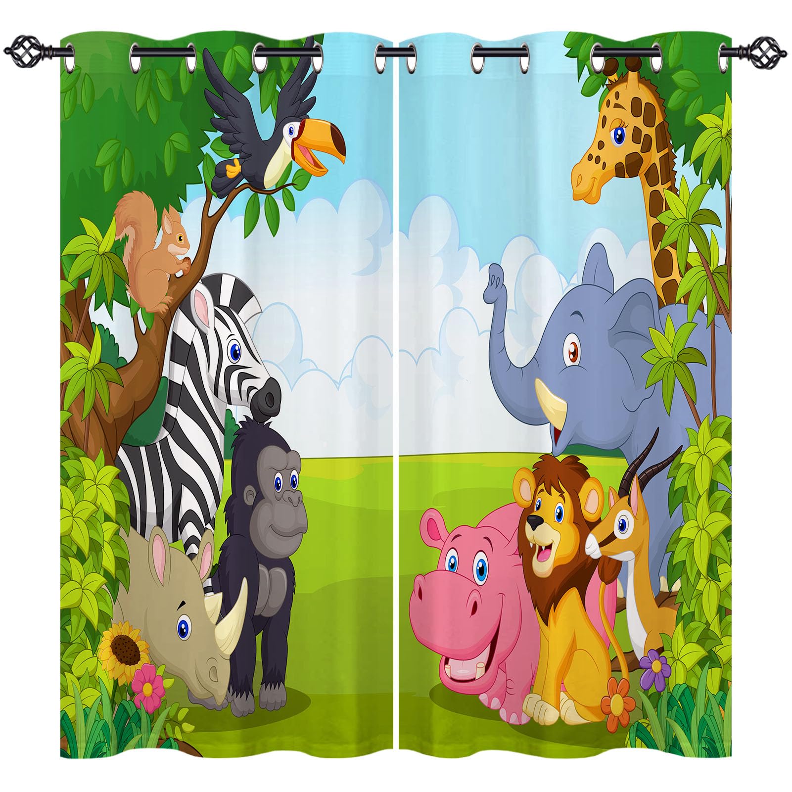 ANHOPE Safari Animal Curtains Eyelet Thermal Insulated Blackout Curtains Jungle Giraffe Elephant Lion Print Pattern Ring Top Drapes for Kids Boys Girls Bedroom Living Room 55 x 63 Inch Drop 2 Panels