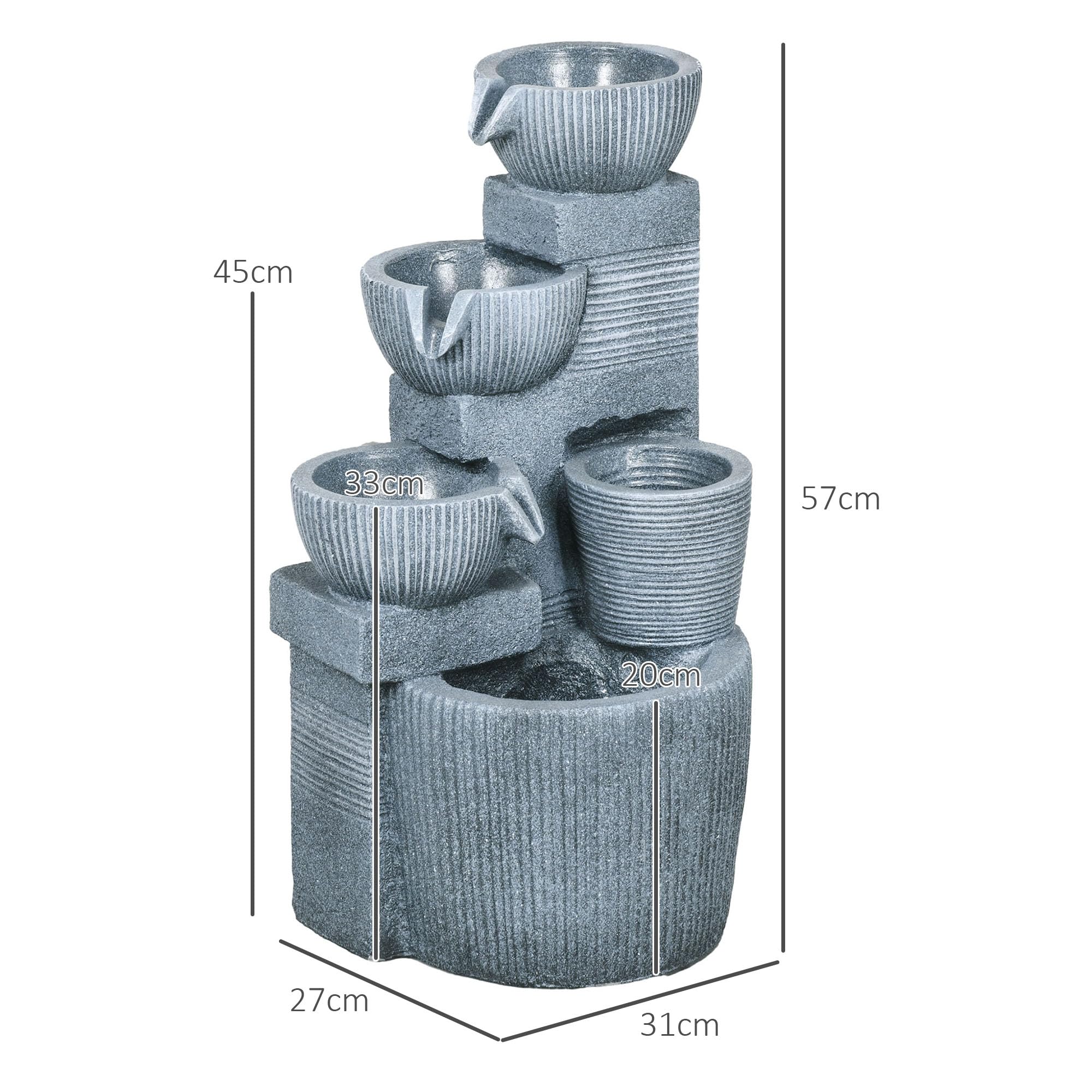 Outsunny Fontaine de Jardin à énergie Solaire Fontaine à Cascade en résine à 4 Niveaux avec lumières LED Pompe et Pot de Fleur dim. 31L x 27l x 57H cm Gris