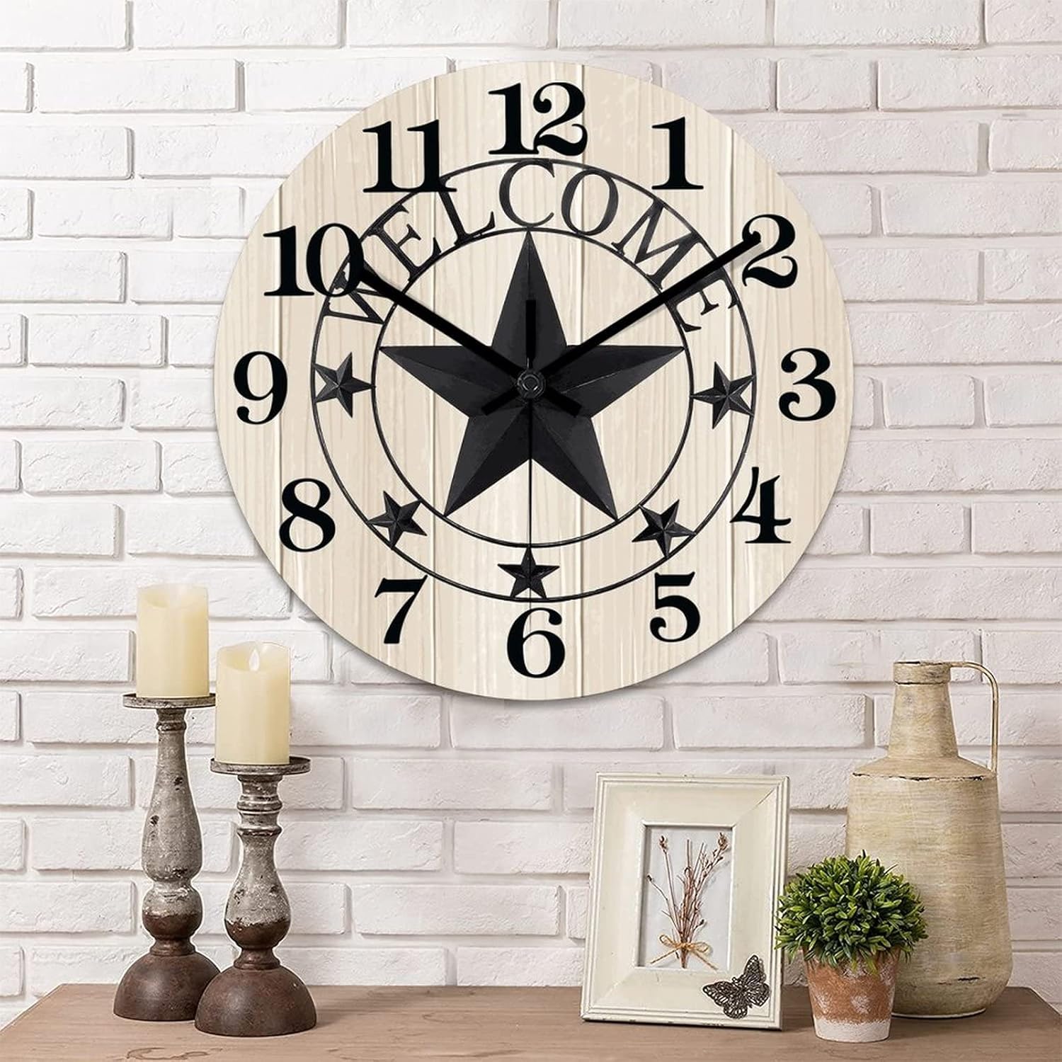 15 Inch Decorative Wall Clock Western Texas Star Country Farmhouse Wood Clock Quiet Non-Ticking Battery Operated Vintage Wooden Analog Clock for Patio Patio Living Room Decor Home Decor