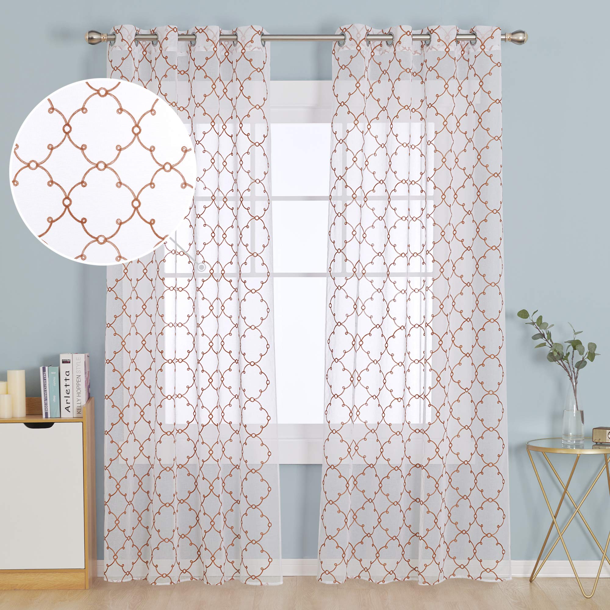 Deconovo Set of 2 Large Width Embroidered Curtains with Eyelets Linen Effect Orange Pattern Living Room Bedroom Curtain 140 x 290 cm — image 1