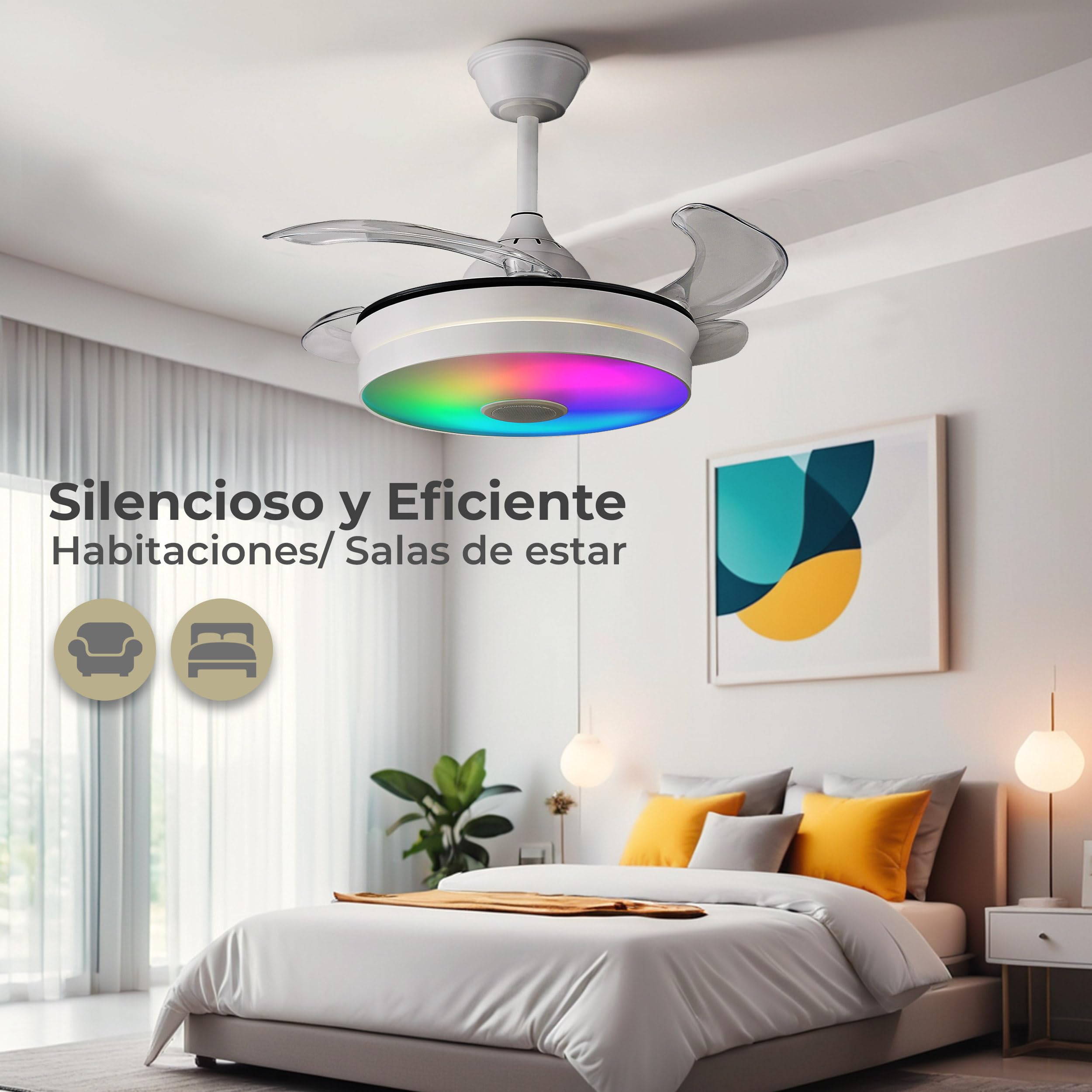 LUMIKING Ventilador de Techo con Luz LED - Aspas Retráctiles, Música y RGB - Silencioso con Lámpara y Moderno con Mando a Distancia, Bluetooth y APP para Salón y Dormitorio (92 cm)