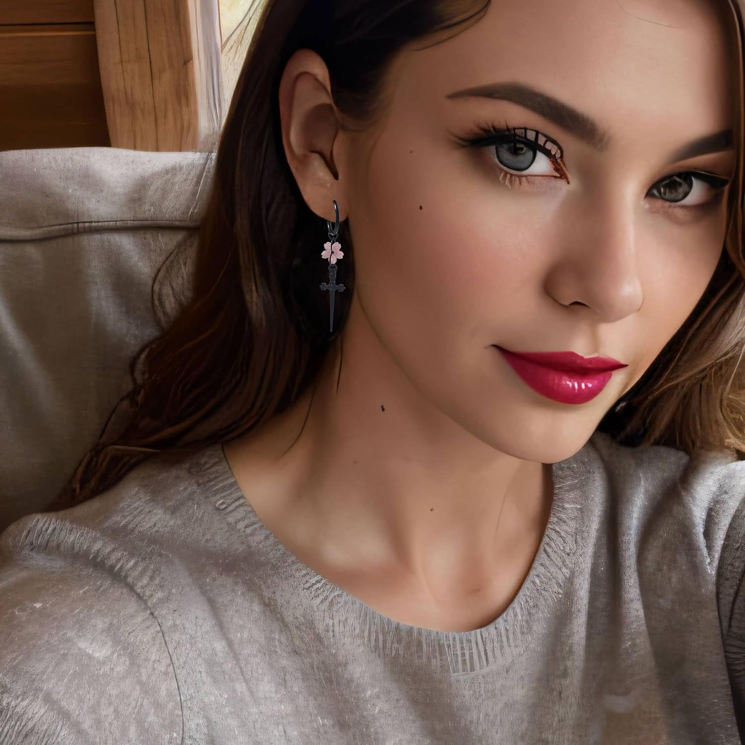 Gothic Halloween Drop Dangle Earrings For Women,Sword/Dagger 316L Stainless Steel Hypoallergenic Charm Jewelry Red Flower Punk Earrings Birthday For Women image 3