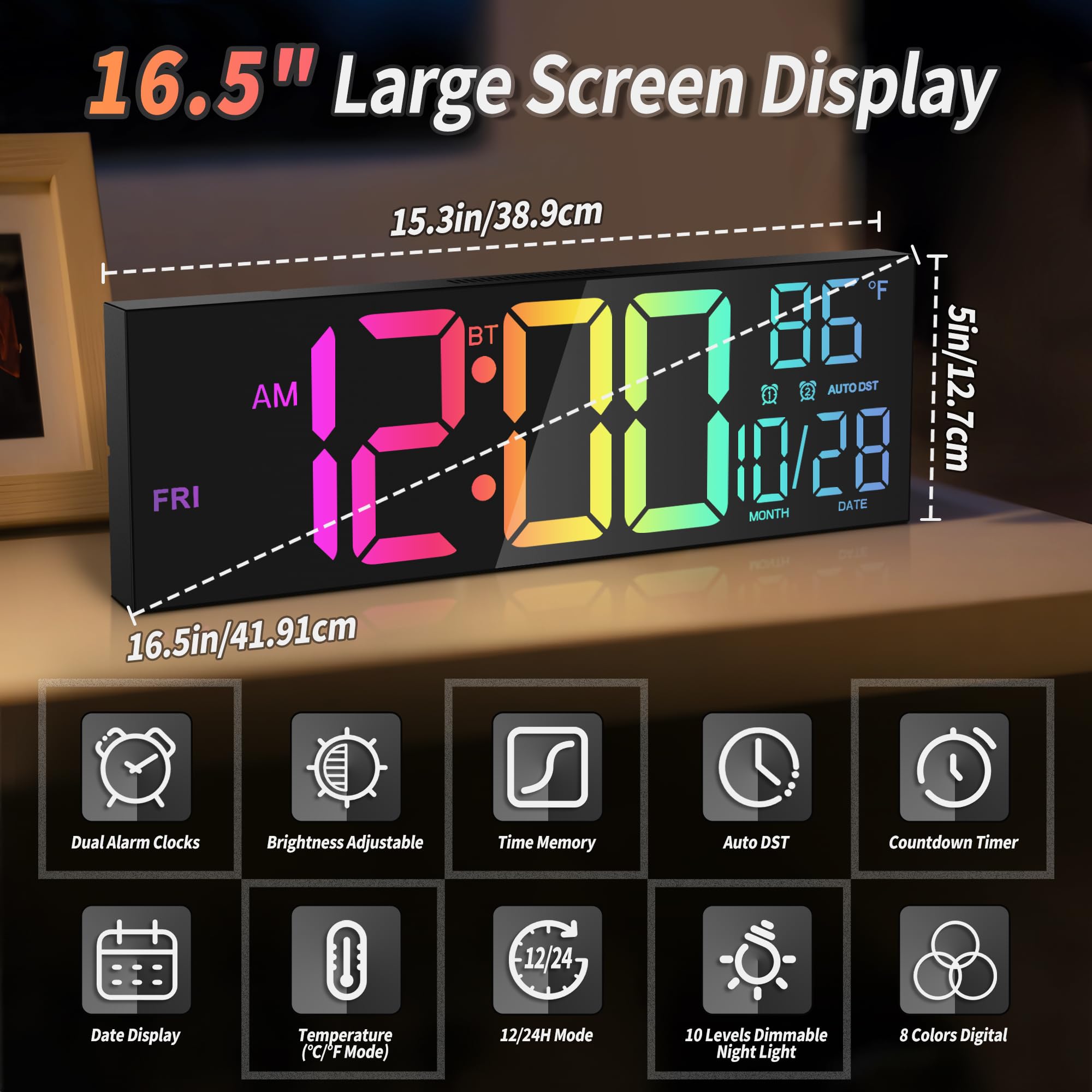 Orologio da Parete Digitale 16,5" con Bluetooth, Luce Notturna, Dimerabile, 2 Allarmi, Temperatura, Colori RGB, Telecomando, 12/24H, Timer – Salotto, Ufficio, Anziani