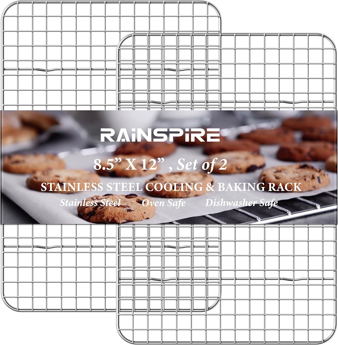 Rainspire Cooling Rack Stainless Steel, Heavy Duty Cooling Racks for Cooking and Baking, Oven Safe Wire Rack for Cooking, Baking Rack for Oven Cooking Fits Quarter Sheet Pan, 8.5" x 12", 2-Pack