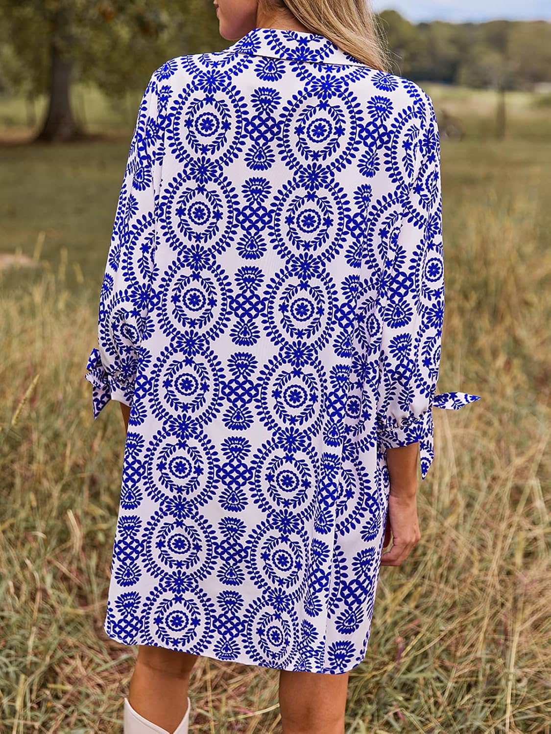 CUPSHE Women Mini Summer Dress Cover Up Oversize Floral Shirt 3/4 Sleeve Cuff Tie Button Down Beach Dresses Cover Up Top - Image 2