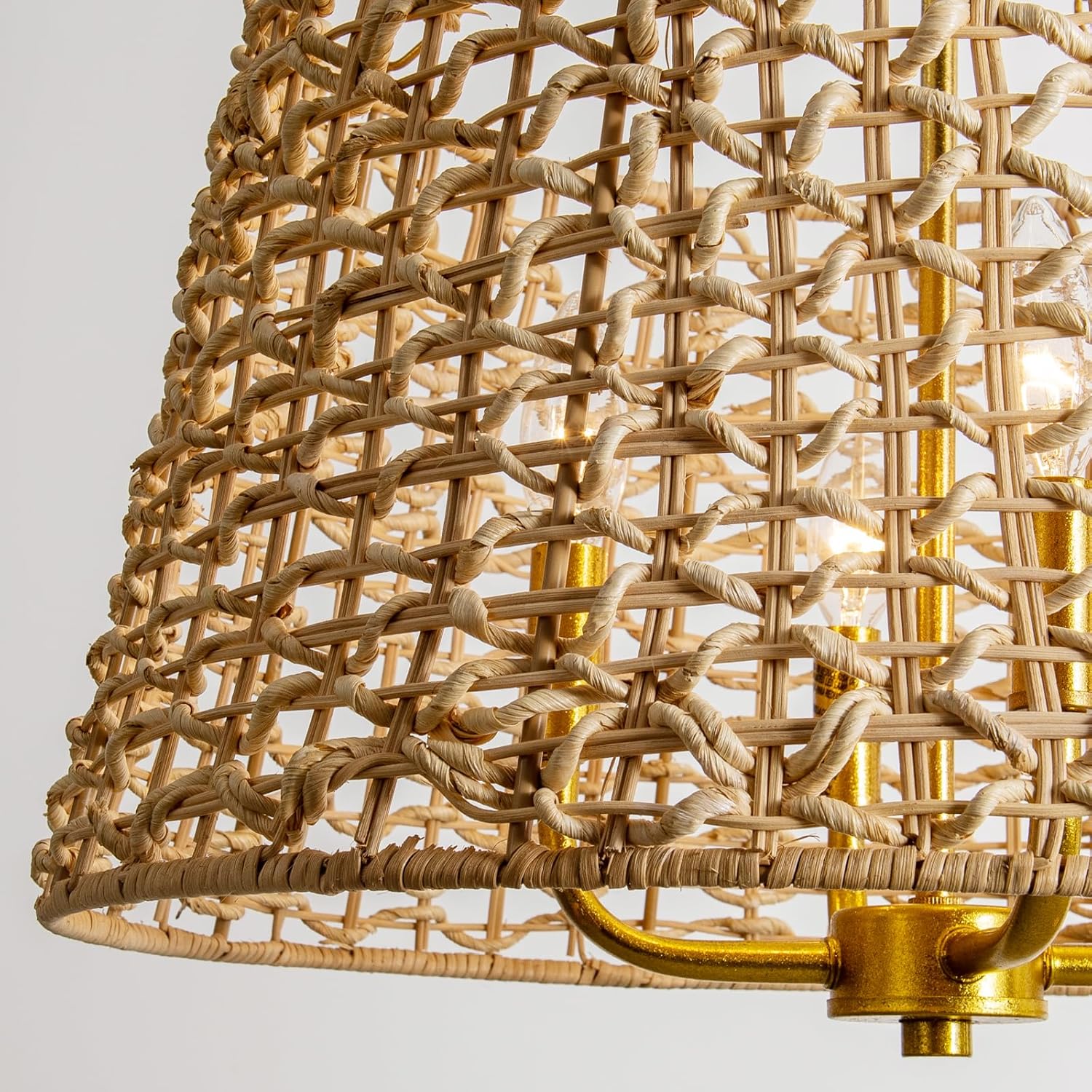 Boho Hand Woven Rattan Chandelier 4 Lights Gold Foil Farmhouse Pendant with Corn Leaves Ropes Shade Pendant Light Fixtures for Dining Room Kitchen Living Room Foyer Entryway Hallway
