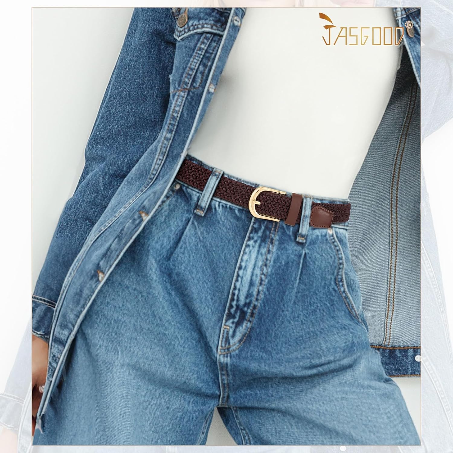 JASGOOD 2 Pack Braided Belts for Women, 1'' Narrow Width Elastic Woven Stretch Fabric Cloth Belts with Gold Buckle - Image 3