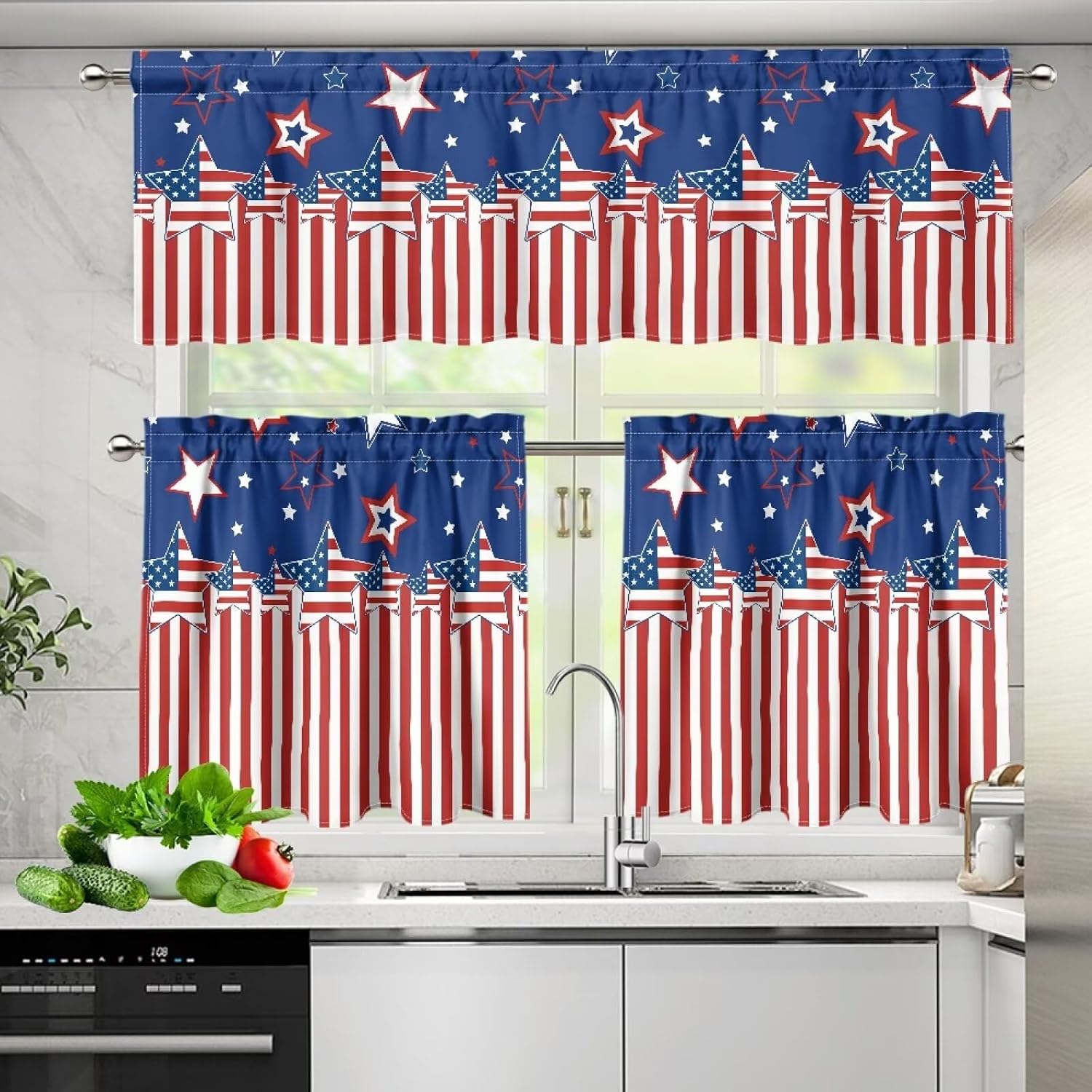 Cozeyat Stars and Stripes Kitchen Curtains for Windows, Red White Blue Valances, Independence Day Curtains and Valances Set Decor for Living Room 27''x24'' 2 Panel & 54x18 Inch Tier Set
