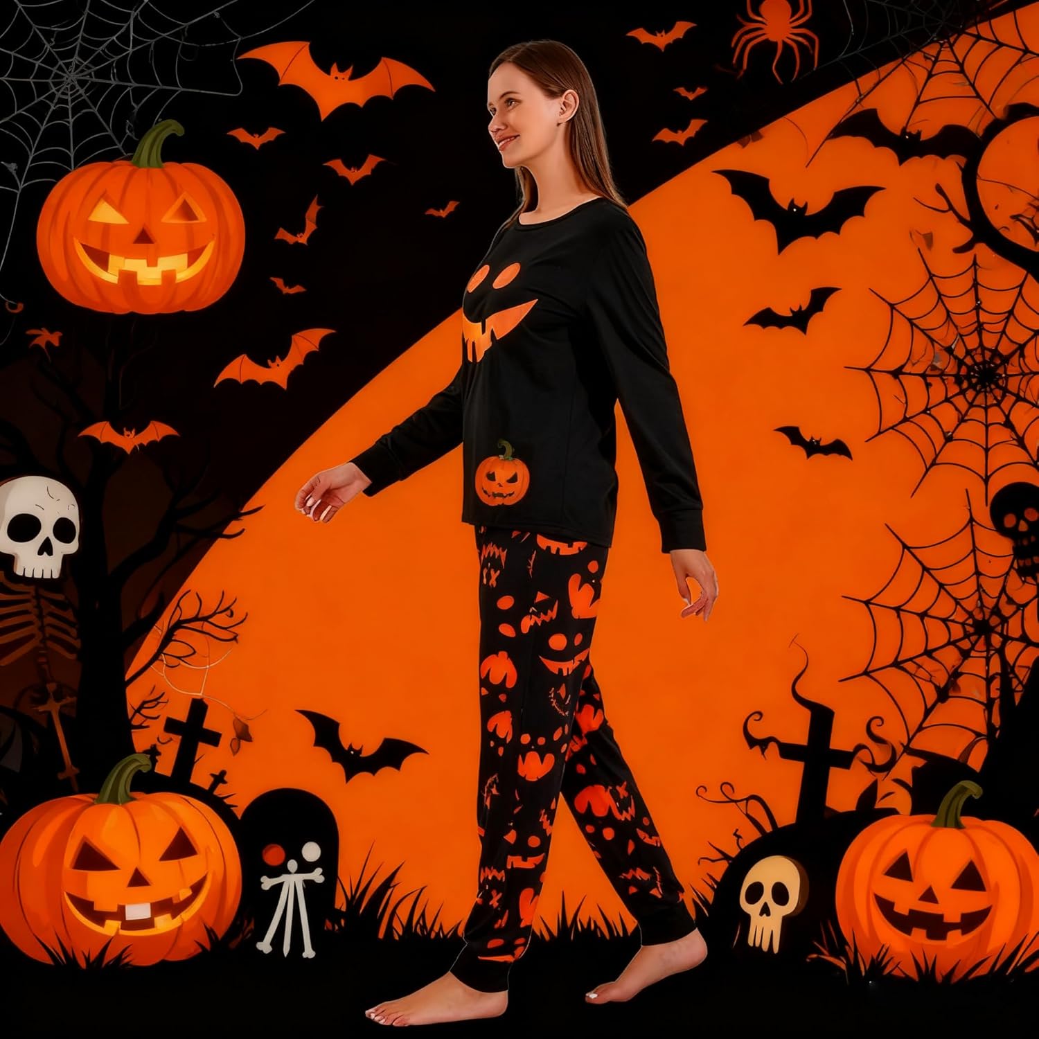 Womens PajamasSet Winter Sleepwear Loungewear Pumpkin Long sleeve Glow in Dark printing Crew Neck - Image 7