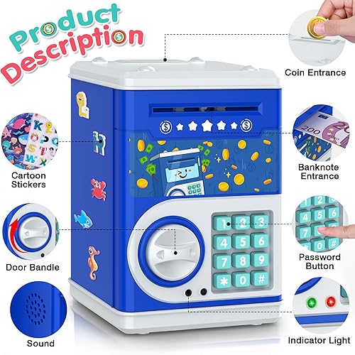 Miniatura 3 de PhilaeEC - Alcancía azul oscuro para niños con bloqueo de código de contraseña y ranura para billetes de agarre automático, caja de ahorro de dinero