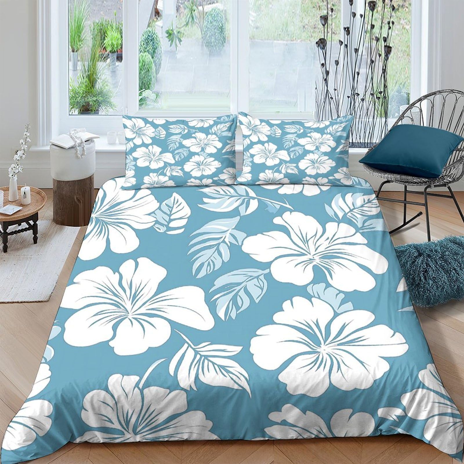 Ctjqhvkz Style-5 3D Printed Blue Hibiscus Fitted Sheet Microfiber Soft Anti-Slip Tropical Leaf Mattress Cover Bedroom Guestroom Washable Decor Single（135X200cm）