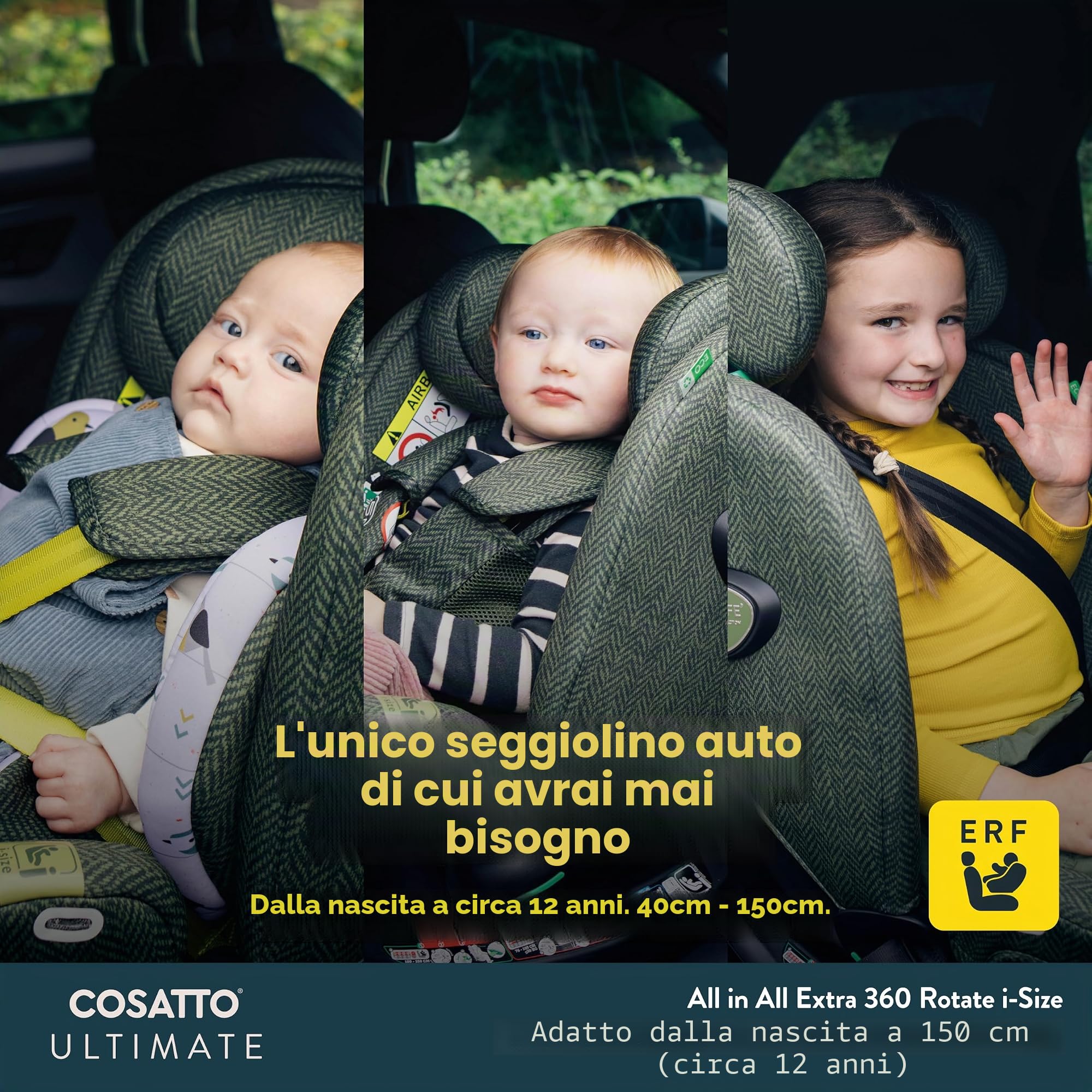 COSATTO All in All Extra i-Size - Seggiolino auto girevole a 360°, gruppo 0+123, 0-36 kg, 0-12 anni, Isofix, ERF, esclusivo sistema anti-fuga (Whisper)