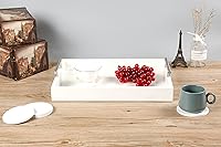 Vista 5 de Bandeja para servir de 16.5 x 13 pulgadas, bandeja otomana de madera de lujo, mesa auxiliar con asas de metal plateado pulido, 4 posavasos redondos