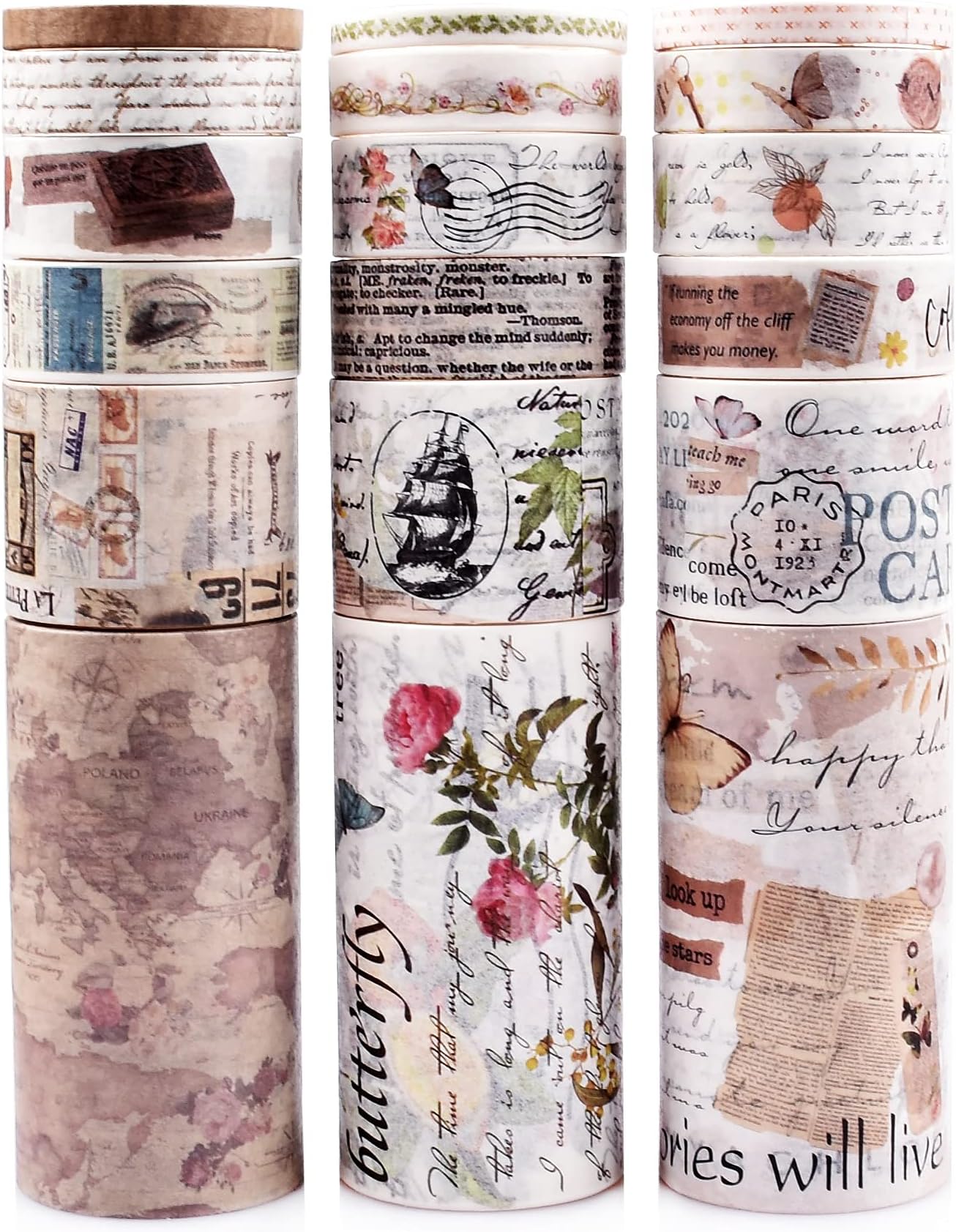 18 Rolls Vintage Washi Tape Set 75/30/15/10/5mm Wide Floral Card Stamp Letters Antique Retro Decor for Scrapbooking Crafts Kids Scrapbooking Supplies