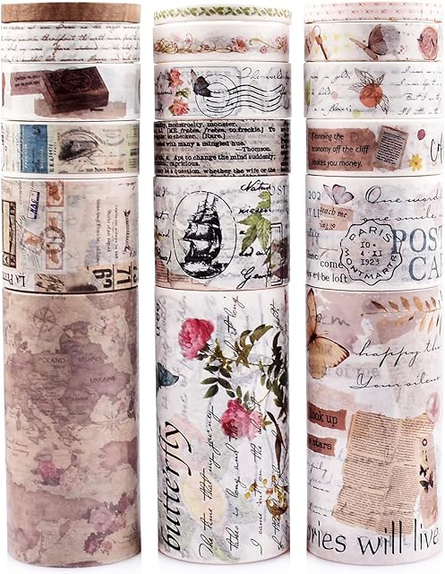 DAPUTOU 18 Rolls Vintage Washi Tape Set,75/30/15/10/5mm Wide Floral Map Stamp Letter Antique Retro Decorative Masking Tape Sets for Scrapbook, Craft,Kids,Scrapbooking Supplies, Multicolored