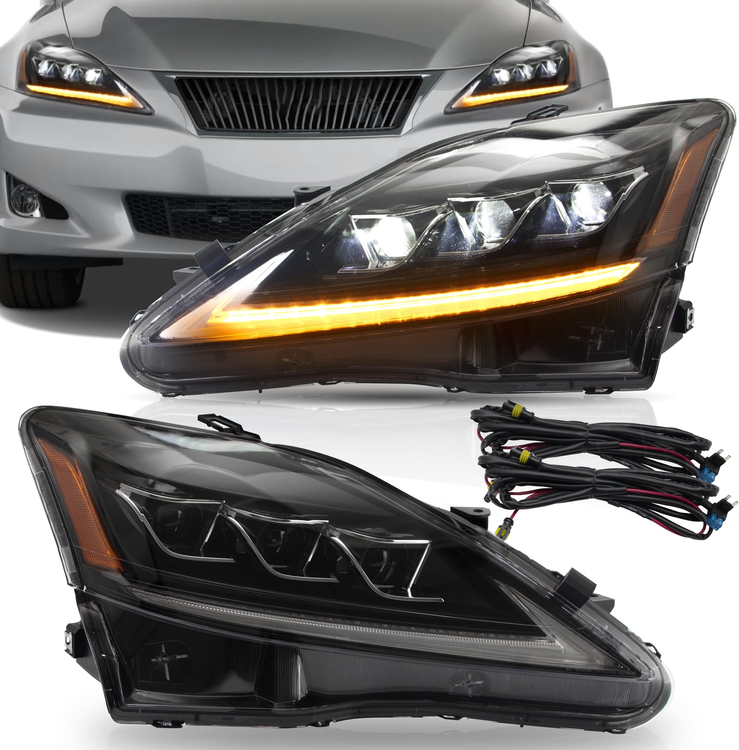 VLAND Headlights Assembly Fit for IS250/ IS250C IS350 IS350C IS220d 2006-2012, ISF 2008-2014 W/DRL, LED Front light with Sequential Turn Signal, Plug-n-Play Amber Headlamp