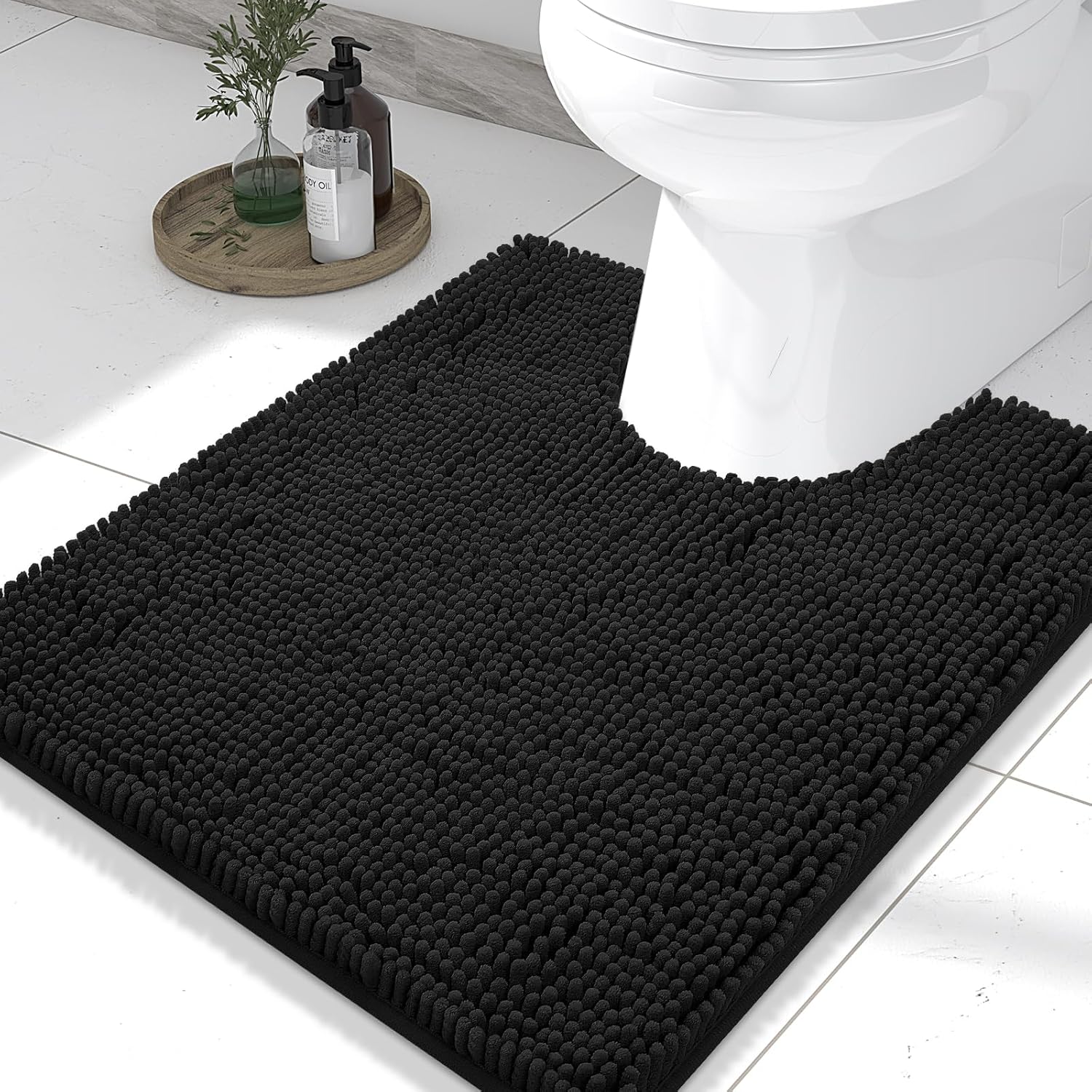 Smiry Bathroom Rugs and Toilet Lid Cover,Machine Wash Dry, Non Slip Absorbent Shaggy Bath Rug for Bath Room, Shower and Tub (U-Shaped 24" x 20"+17.5" x 15", Black)