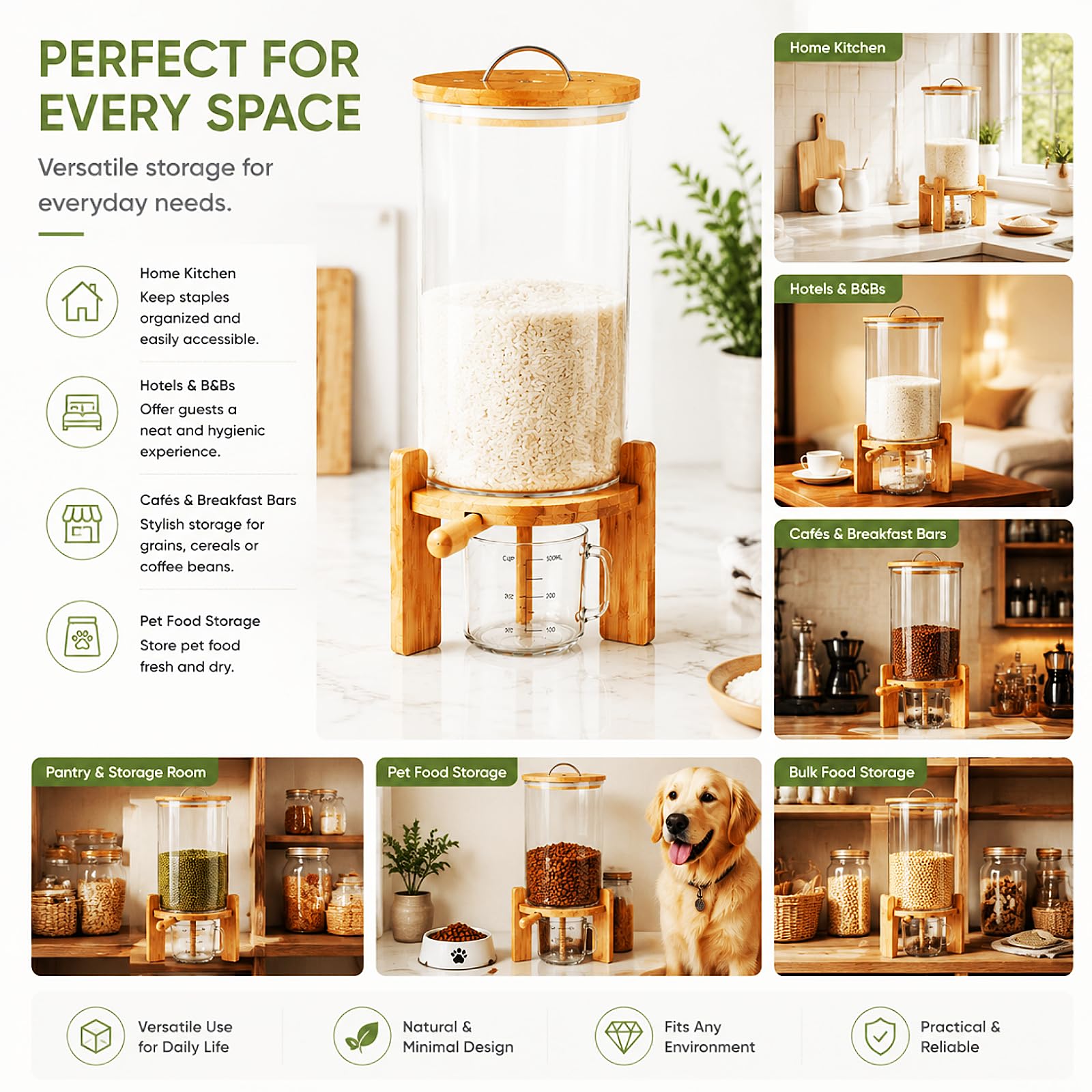 Distributeur de céréales de 7,5 l - 20 x 30 cm - Grand réservoir de céréales - Récipient de rangement en verre avec couvercle en bambou et valve pour riz, céréales, céréales