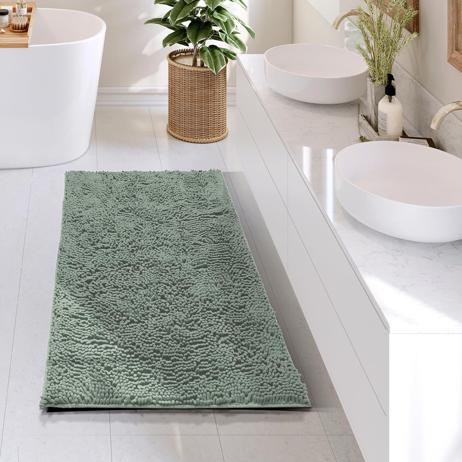 hearth & harbor bathroom rugs, chenille bath mat - machine washable bath mats for bathroom non-slip backing rubber, quick dry bathroom mat, 24 x 36 - ice green ice green 24 x 36