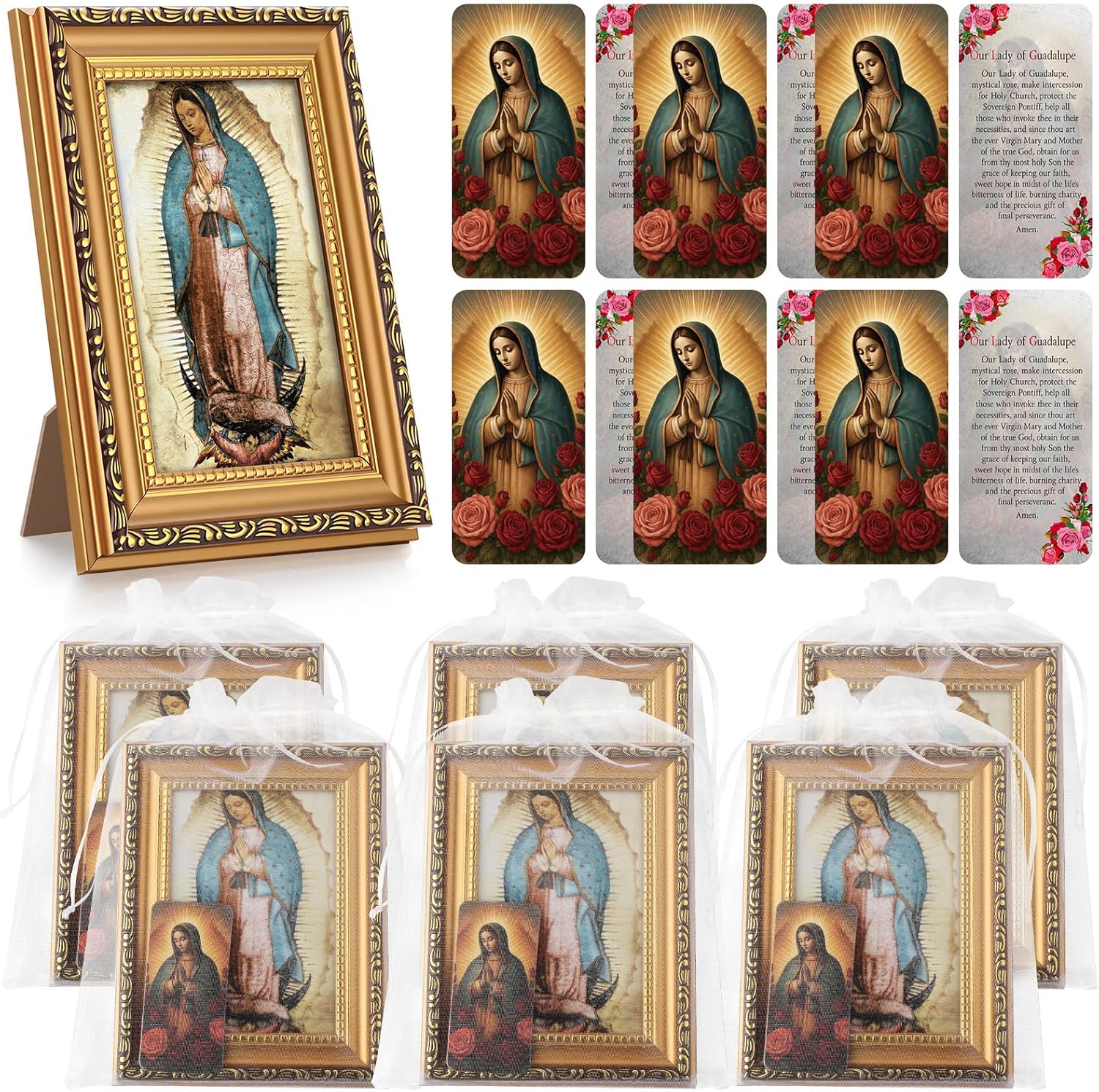 Leinuosen 6 Set Baptism Favors Our Lady of Guadalupe Frame with Easel Back Prayer Card Organza Bags Catholic Religious Gift for Guests Girls First Communion Favors Home Table Decor Church