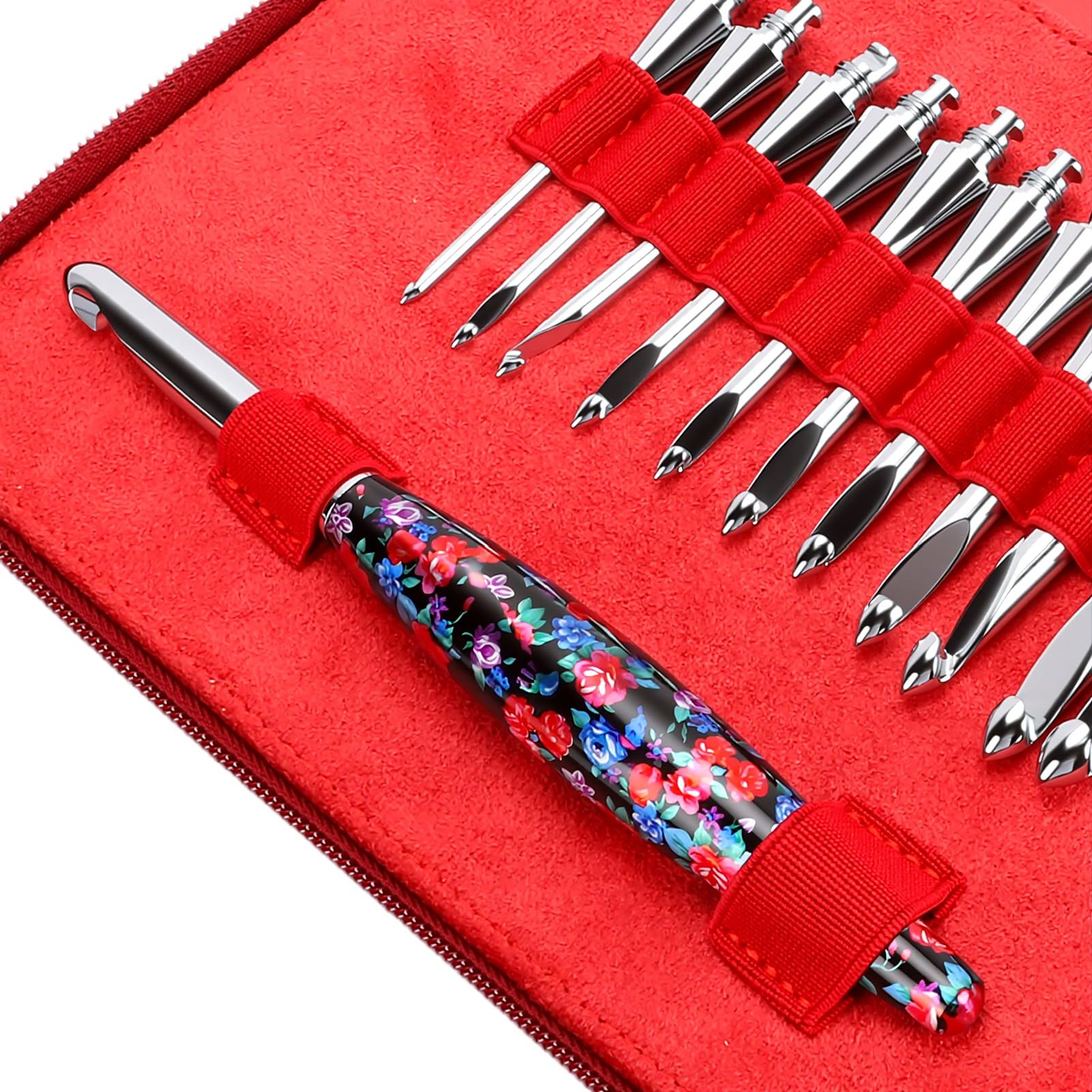 TIKATARER Juego de 11 Ganchos de Ganchillo Intercambiables, Mango Ergonómico con Bolsa de Almacenamiento con Cremallera Red Crane Ganchos de Aluminio de 3,0-9,0 mm para Tejido