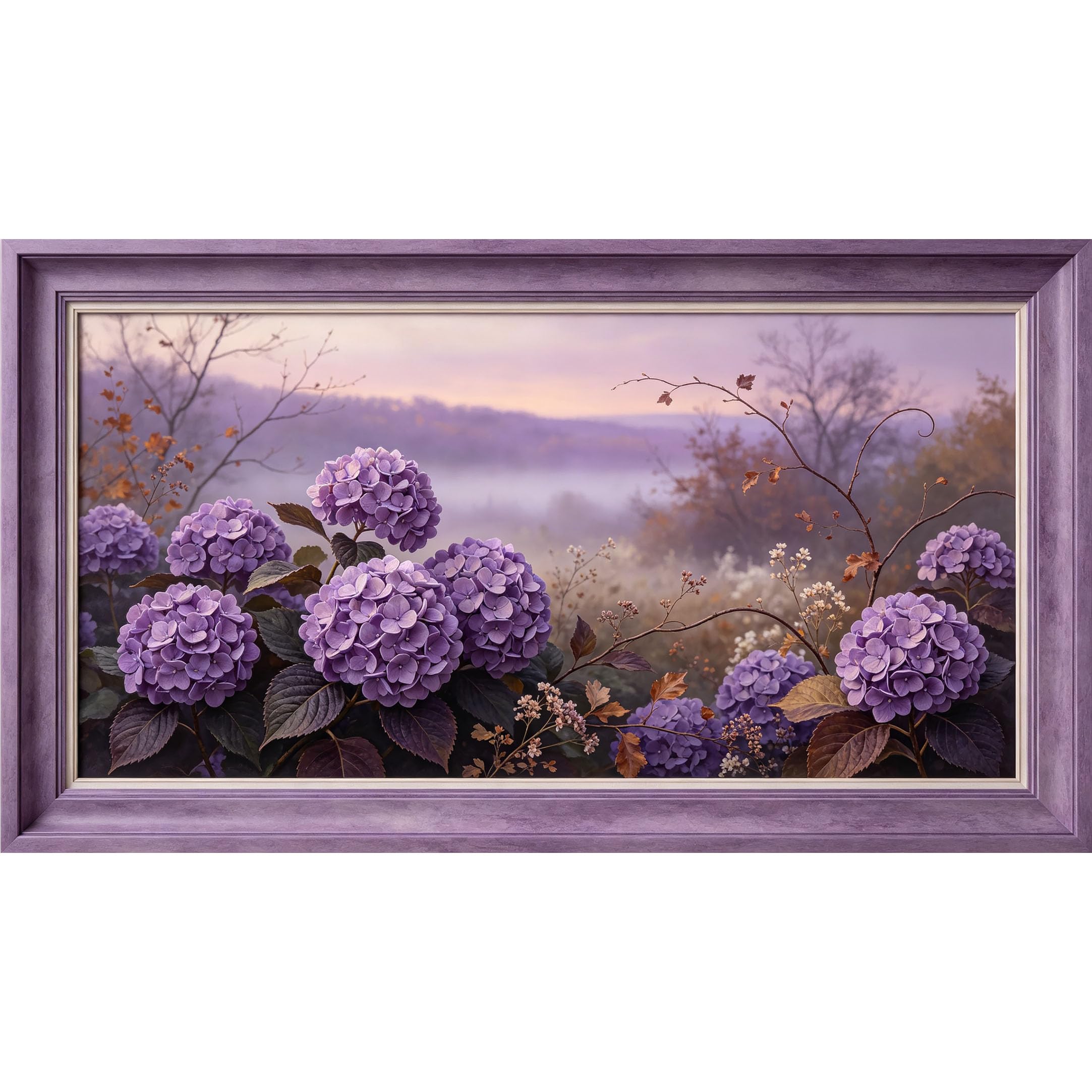 QZLITHOTIC 50×90cm3D Framed Wall Art， Purple Hydrangea Botanical Landscape Watercolor Self?Adhesive Mural， Water?Activated Peel & Stick Fabric Decor Wall Decal for Bedroom Living Room