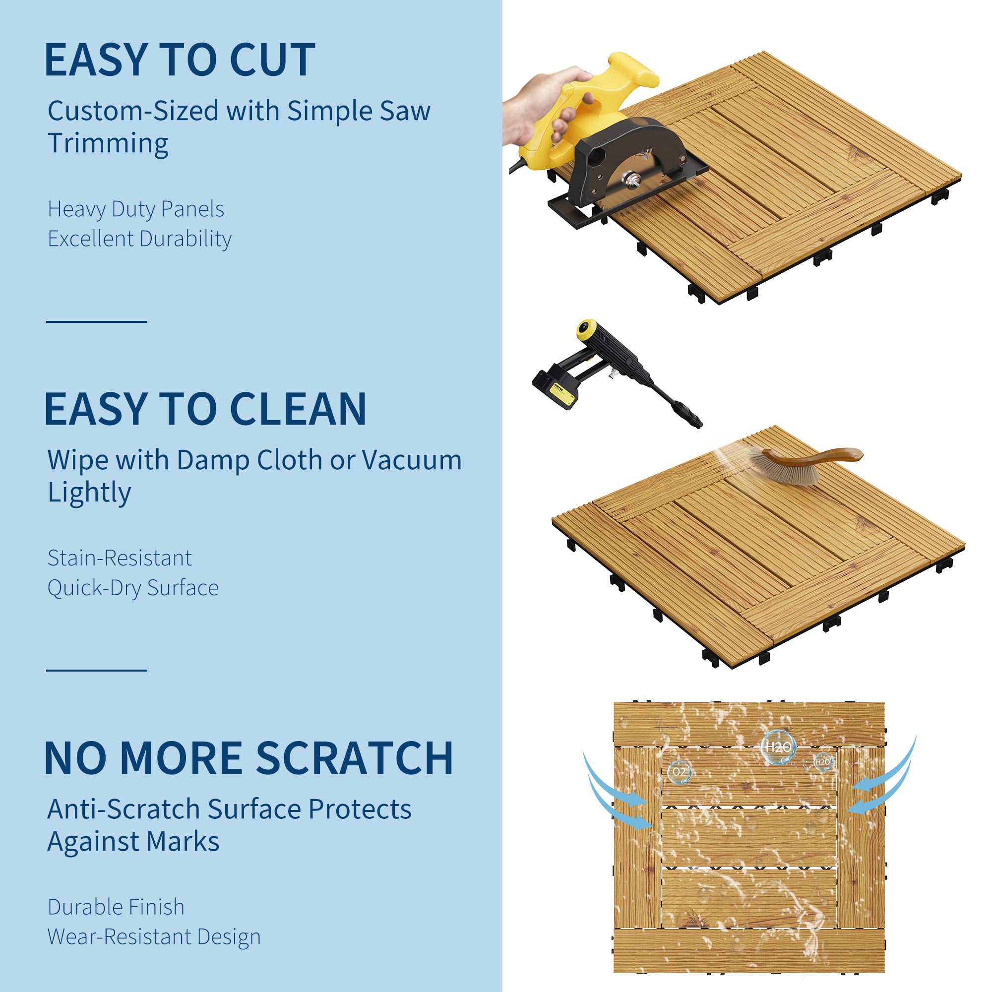 Zstar Dalles emboîtables en bois d’acacia massif – Revêtement de sol imperméable, antidérapant pour balcon, terrasse, jardin, piscine – Installation facile, finition jaune, 33 pièces, 30x30 cm,