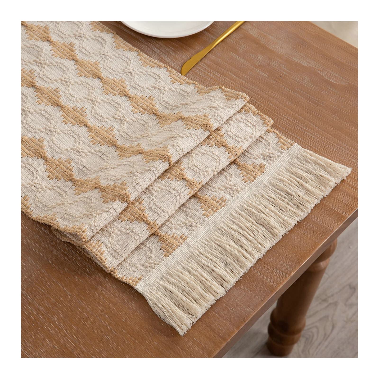 Bieżnik na stół wiejski, lniany bieżnik na stół do jadalni, 33 x 330 cm, pleciony patchwork z frędzlami, bieżnik na stół do salonu, khaki
